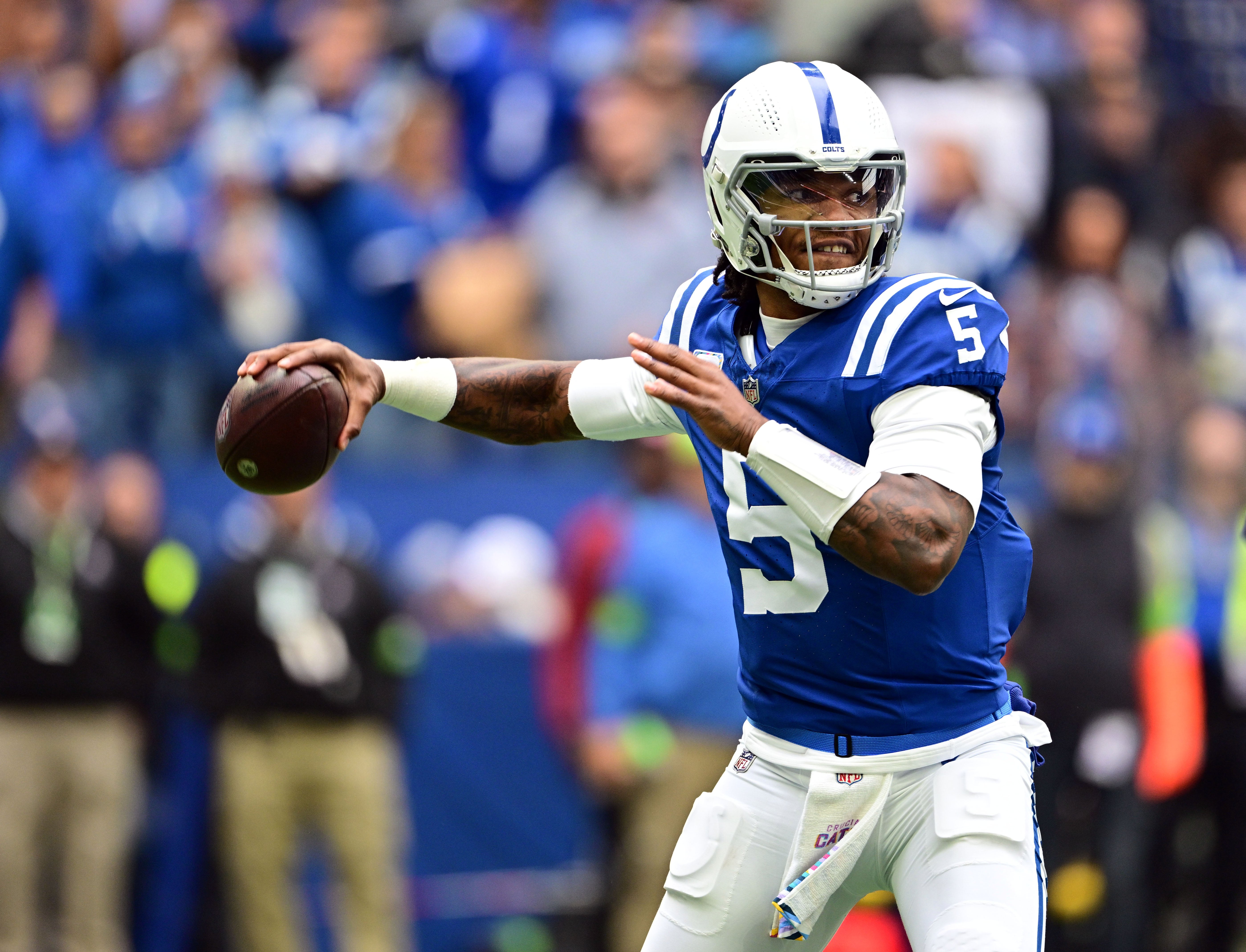 Oct 8, 2023; Indianapolis, Indiana, USA; Indianapolis Colts quarterback Anthony Richardson (5) throws a pass during the first quarter against the Tennessee Titans at Lucas Oil Stadium.