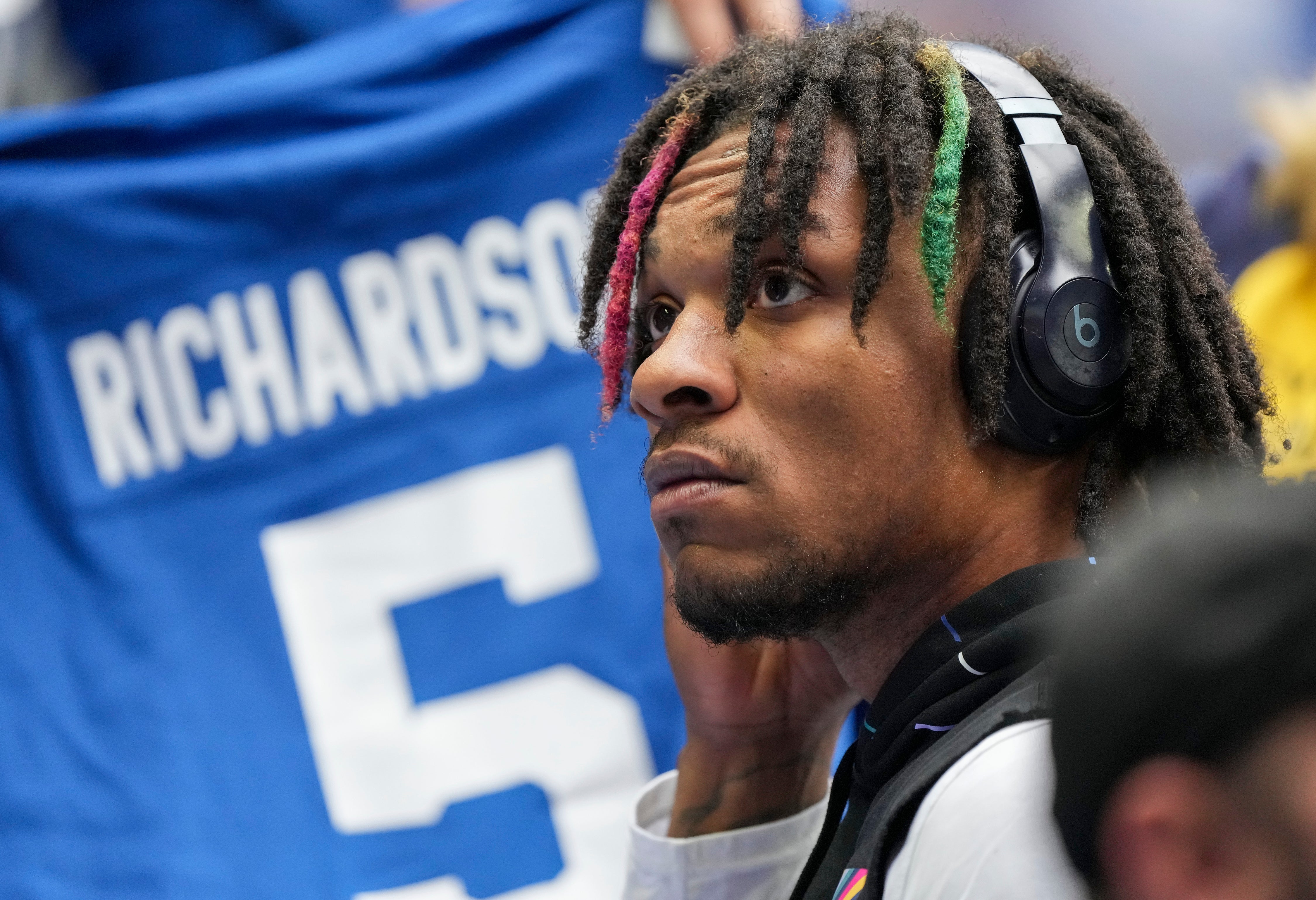 Oct 8, 2023; Indianapolis, Indiana, USA; Indianapolis Colts quarterback Anthony Richardson (5) signs autographs before the game against the Tennessee Titans at Lucas Oil Stadium in Indianapolis. at Lucas Oil Stadium.