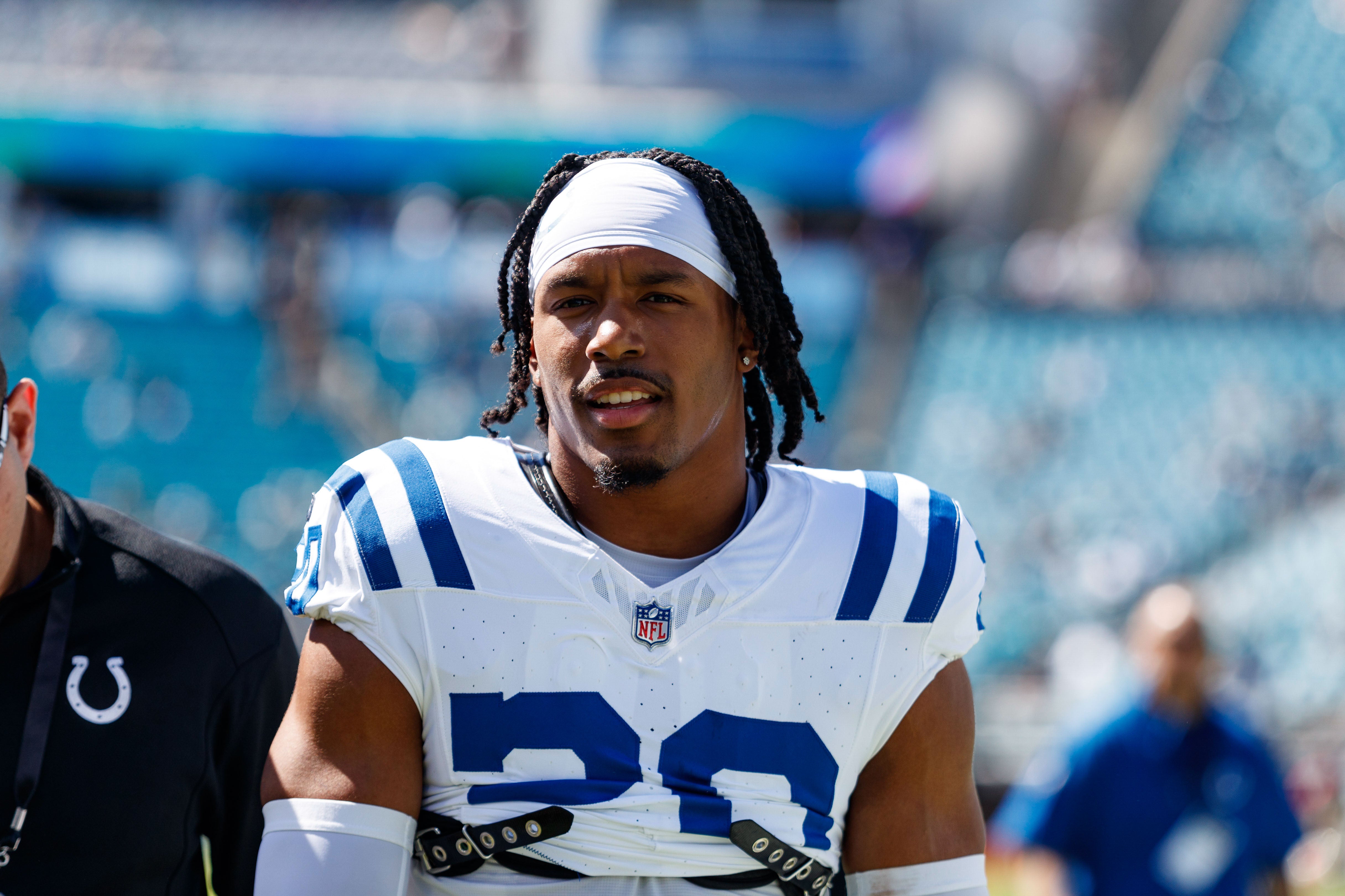 Oct 15, 2023; Jacksonville, Florida, USA; Indianapolis Colts safety Nick Cross (20) before the game against the Jacksonville Jaguars at EverBank Stadium.