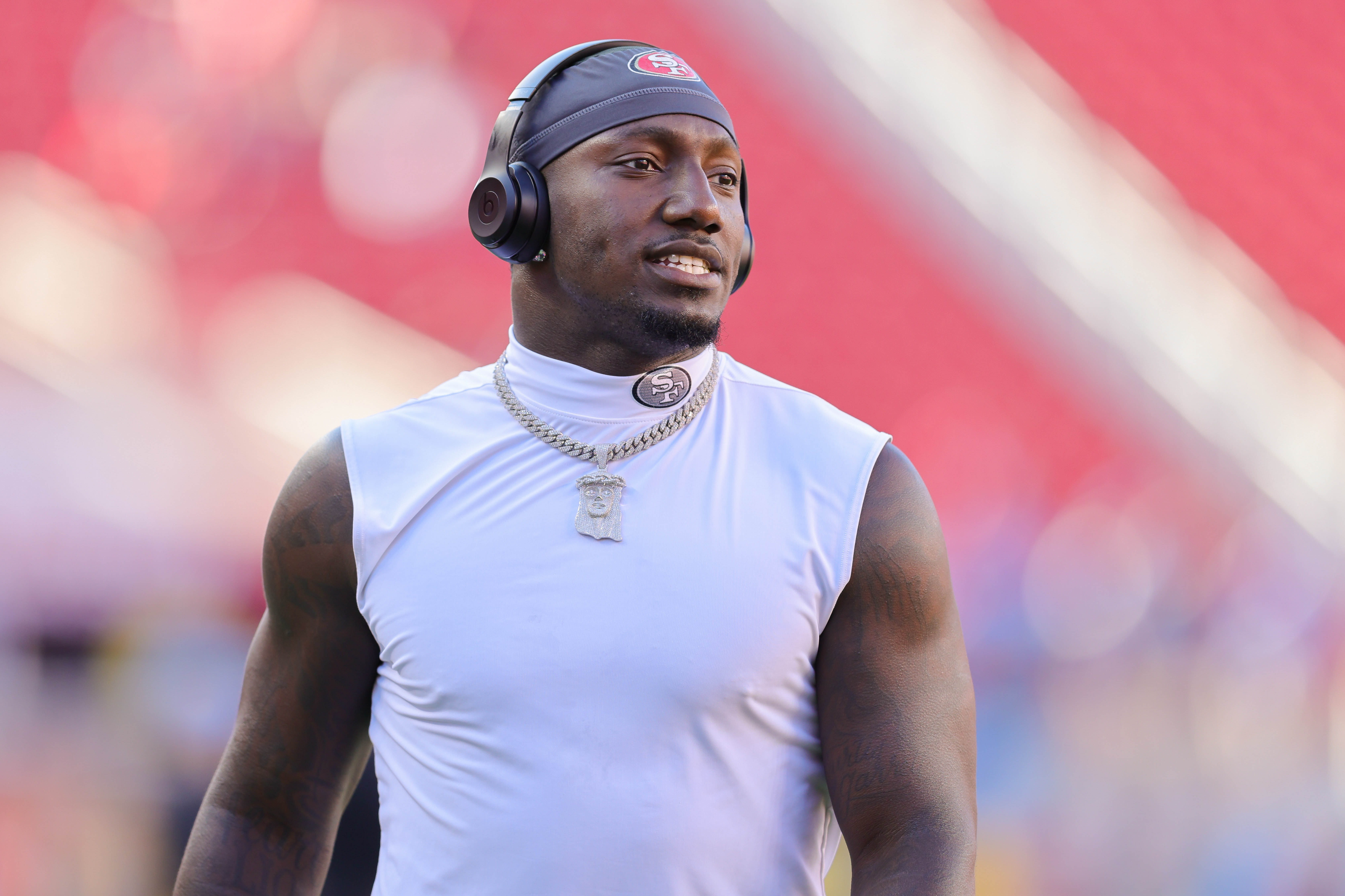 Aug 25, 2023; Santa Clara, California, USA; San Francisco 49ers wide receiver Deebo Samuel (19) before the game against the Los Angeles Chargers at Levi's Stadium.: