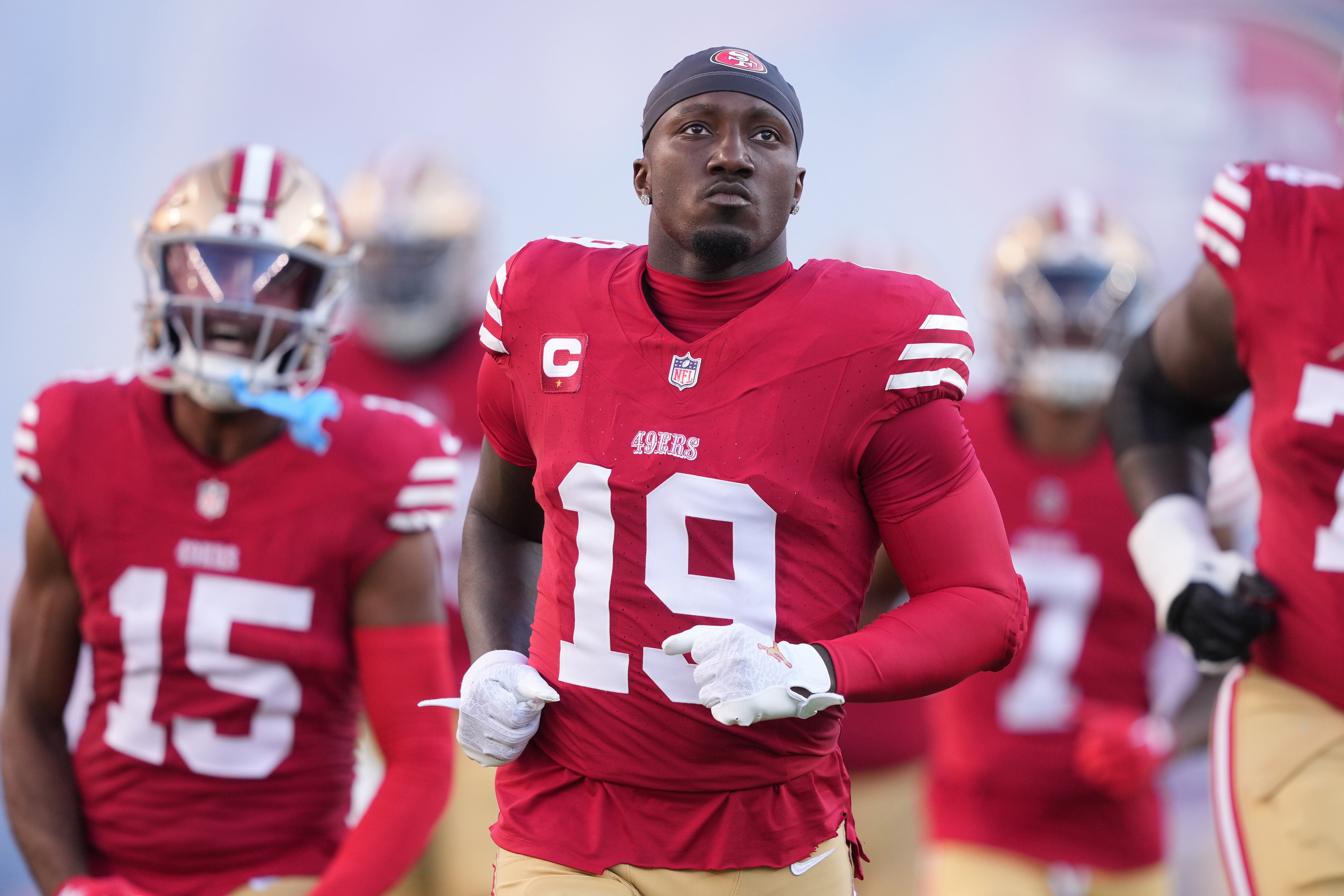 Oct 8, 2023; Santa Clara, California, USA; San Francisco 49ers wide receiver Deebo Samuel (19) jogs on the field before the game against the Dallas Cowboys at Levi's Stadium.