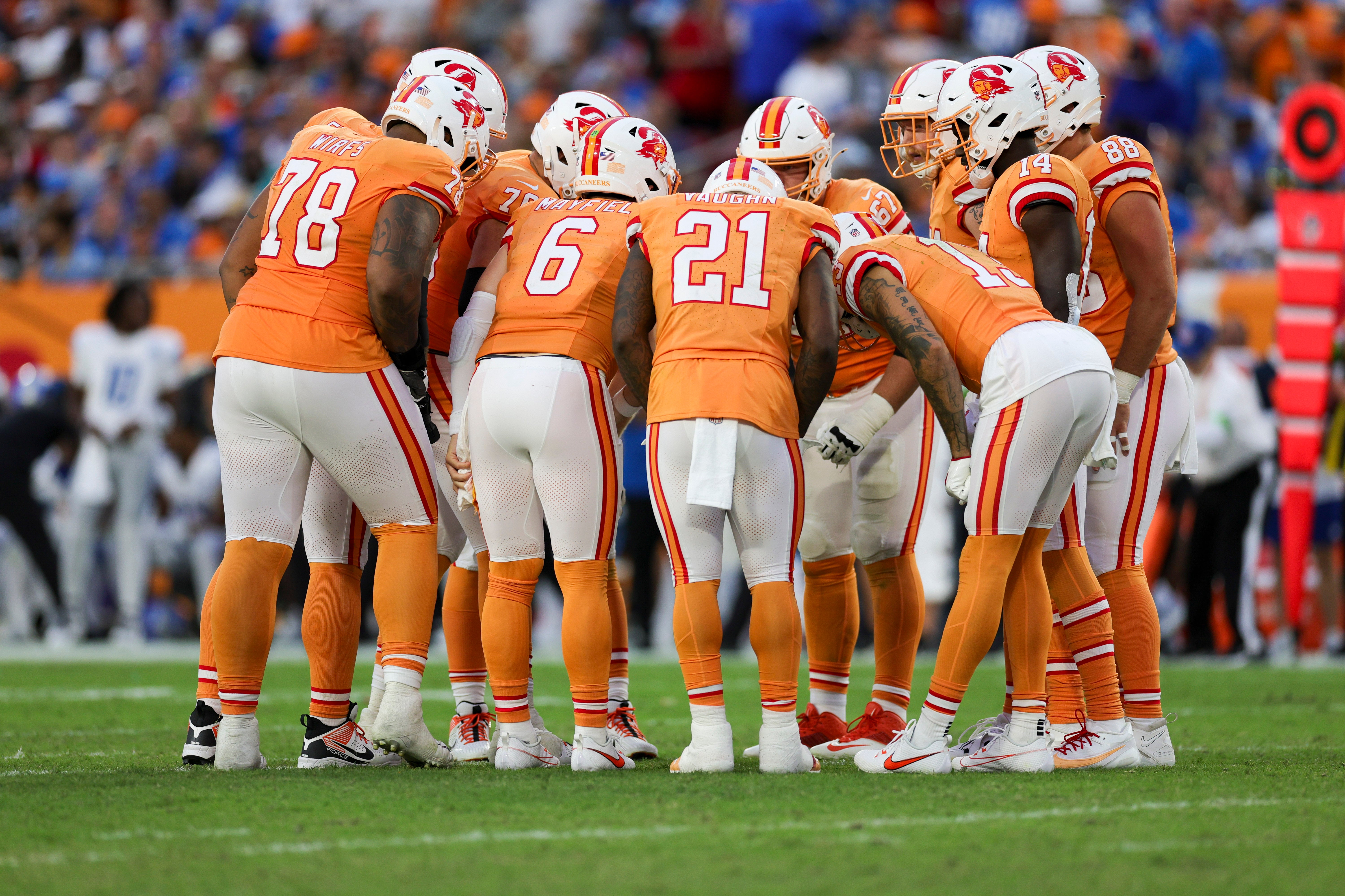 Oct 15, 2023; Tampa, Florida, USA; Tampa Bay Buccaneers quarterback Baker Mayfield (6) leads a huddle against the Detroit Lions in the third quarter at Raymond James Stadium. Mandatory Credit: Nathan Ray Seebeck-USA TODAY Sports