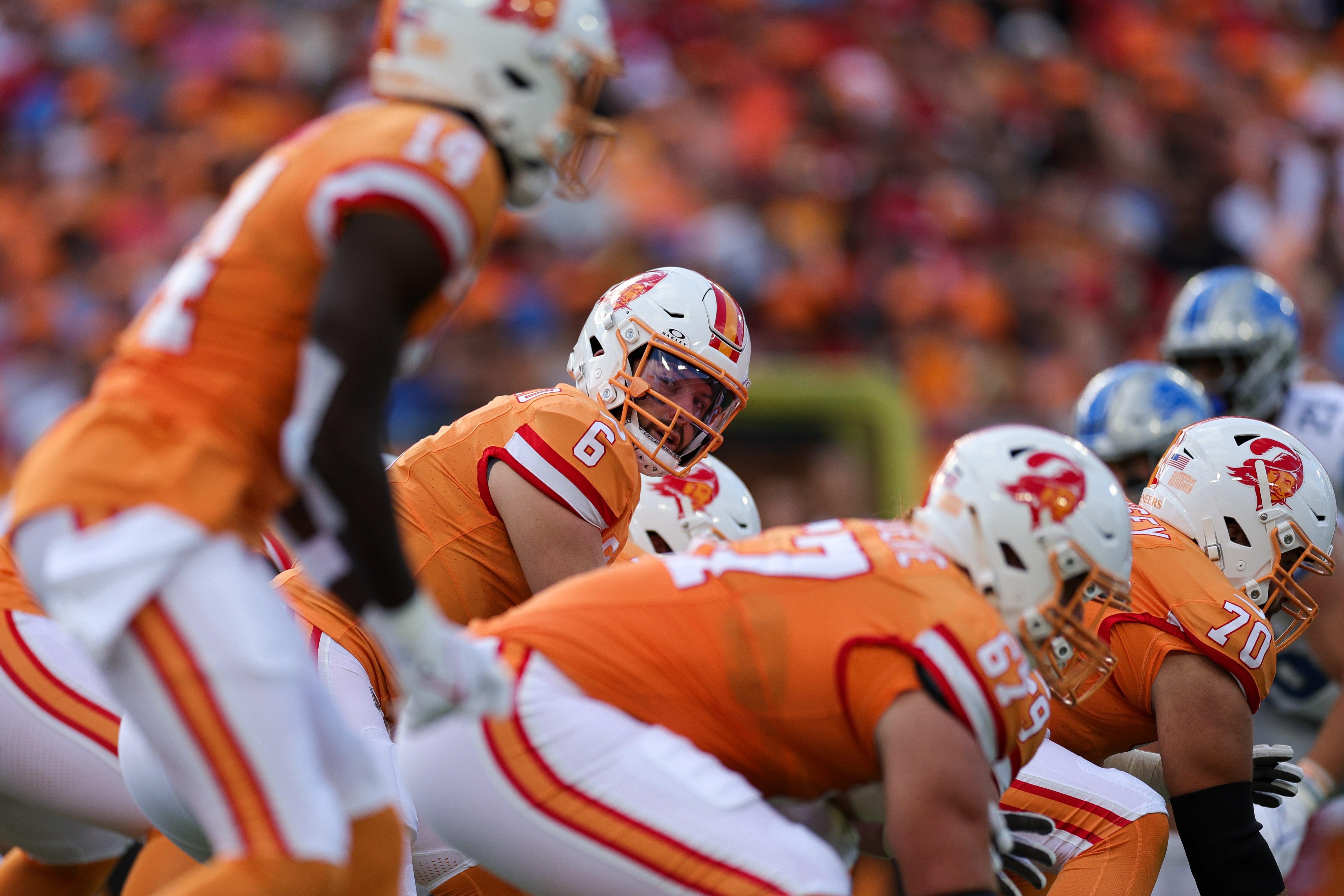 Oct 15, 2023; Tampa, Florida, USA; Tampa Bay Buccaneers quarterback Baker Mayfield (6) calls a play at the line against the Detroit Lions in the first quarter at Raymond James Stadium. Mandatory Credit: Nathan Ray Seebeck-USA TODAY Sports