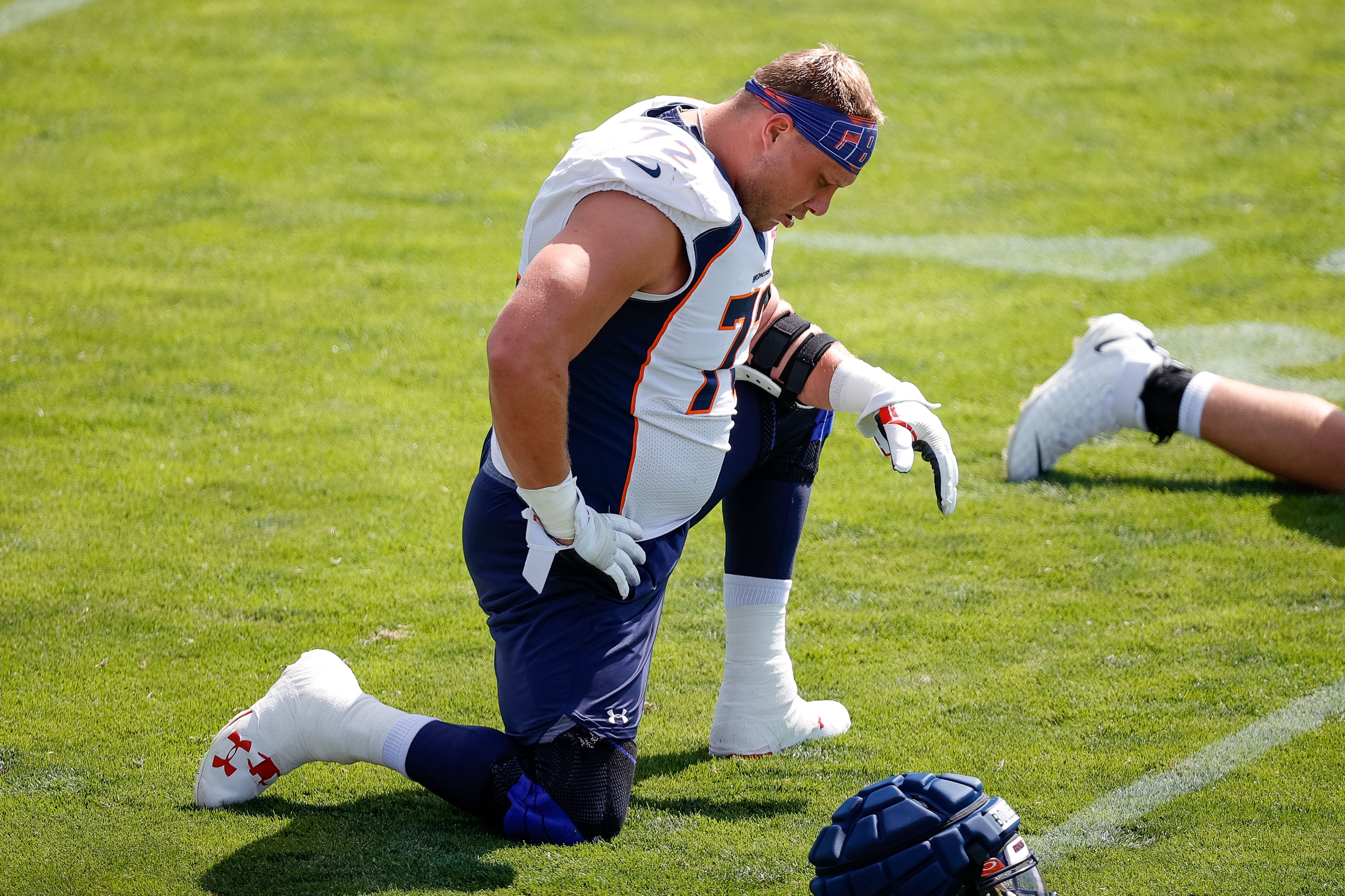 Jul 28, 2023; Englewood, CO, USA; Denver Broncos offensive tackle Garett Bolles (72) during training camp at Centura Health Training Center.