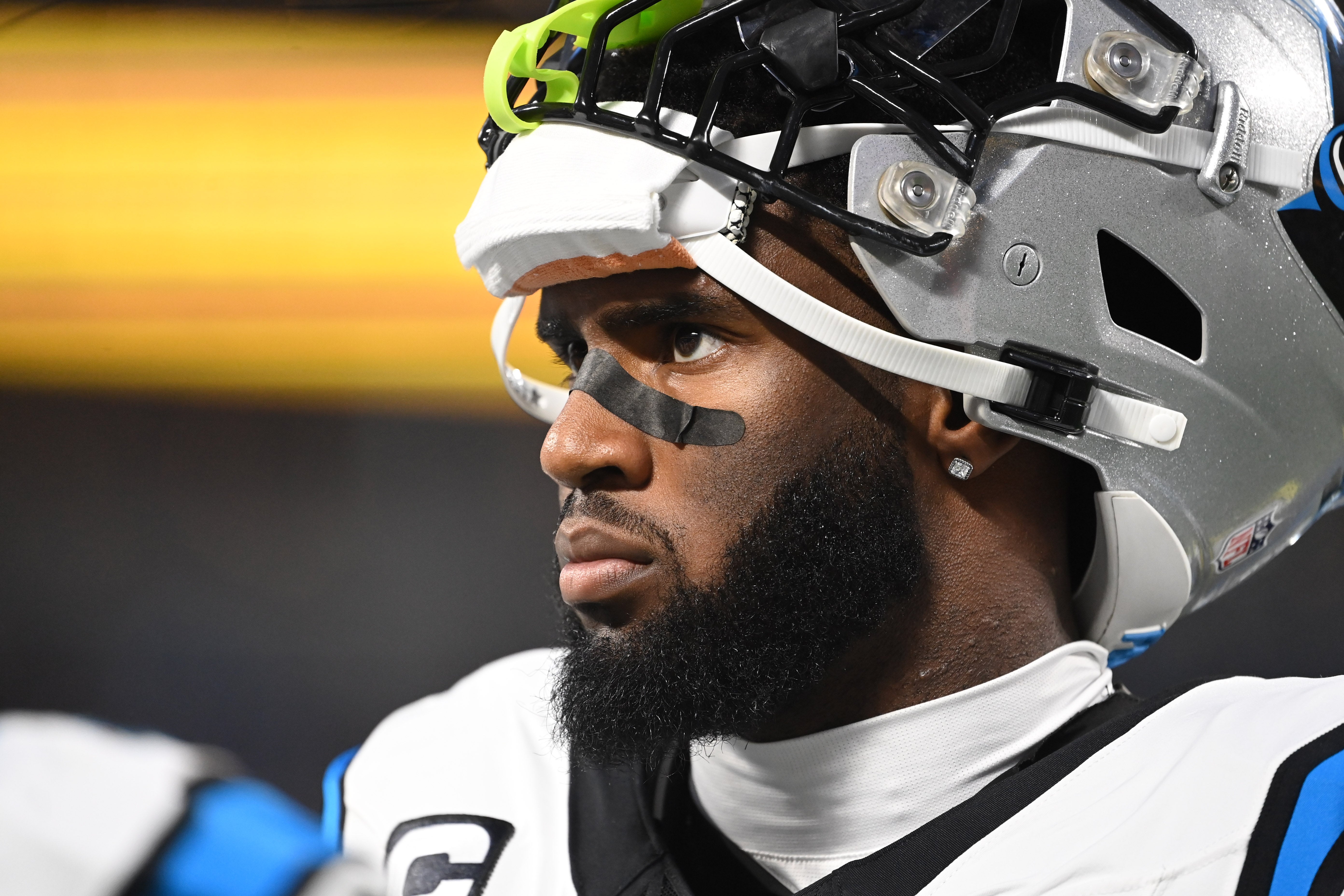 Sep 18, 2023; Charlotte, North Carolina, USA; Carolina Panthers linebacker Brian Burns (0) on the sidelines in the first quarter at Bank of America Stadium. Mandatory Credit: Bob Donnan-USA TODAY Sports