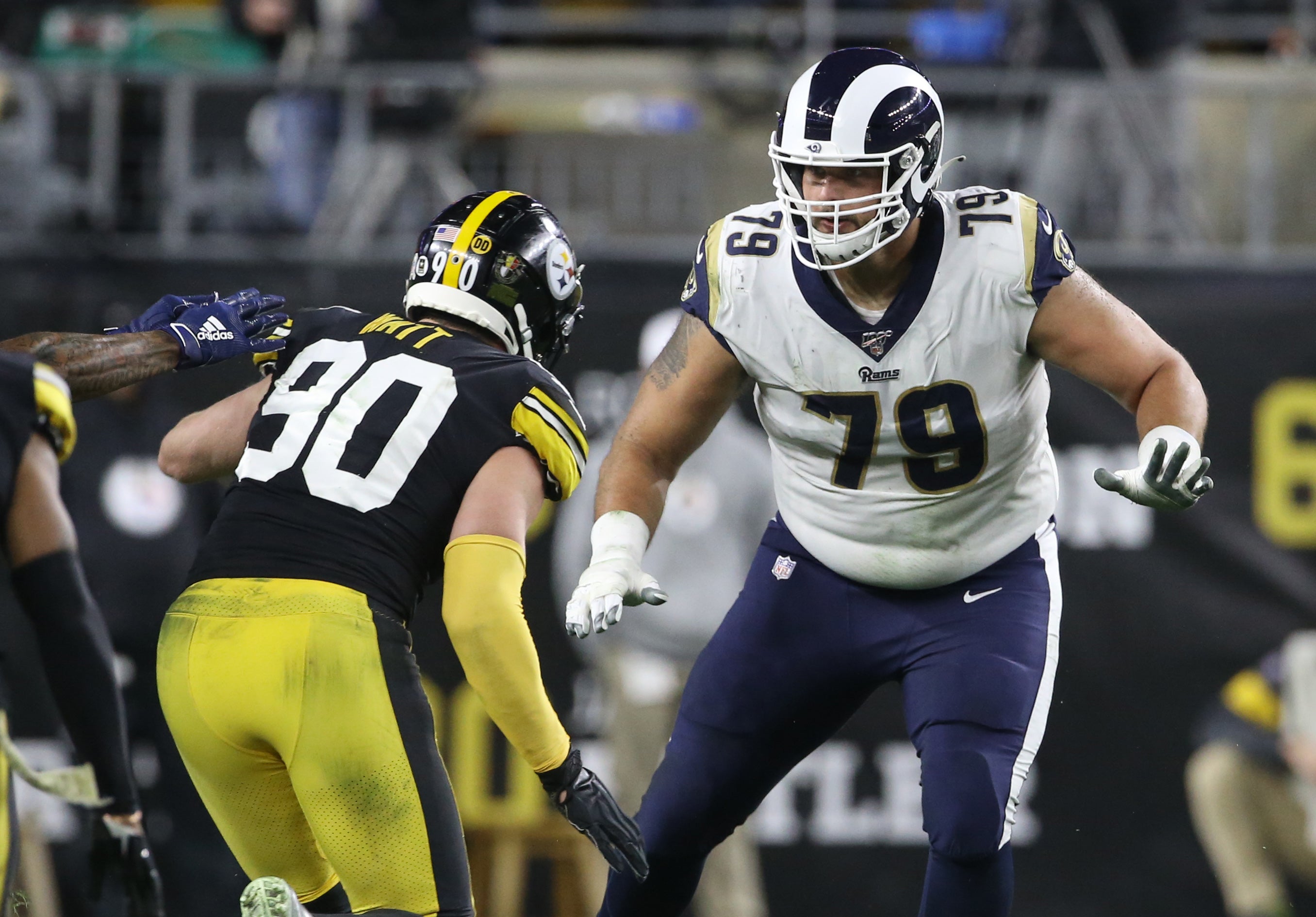 Nov 10, 2019; Pittsburgh, PA, USA; Los Angeles Rams offensive tackle Rob Havenstein (79) blocks at the line of scrimmage against Pittsburgh Steelers outside linebacker T.J. Watt (90) during the second quarter at Heinz Field. Pittsburgh won 17-12. Mandatory Credit: Charles LeClaire-USA TODAY Sports  