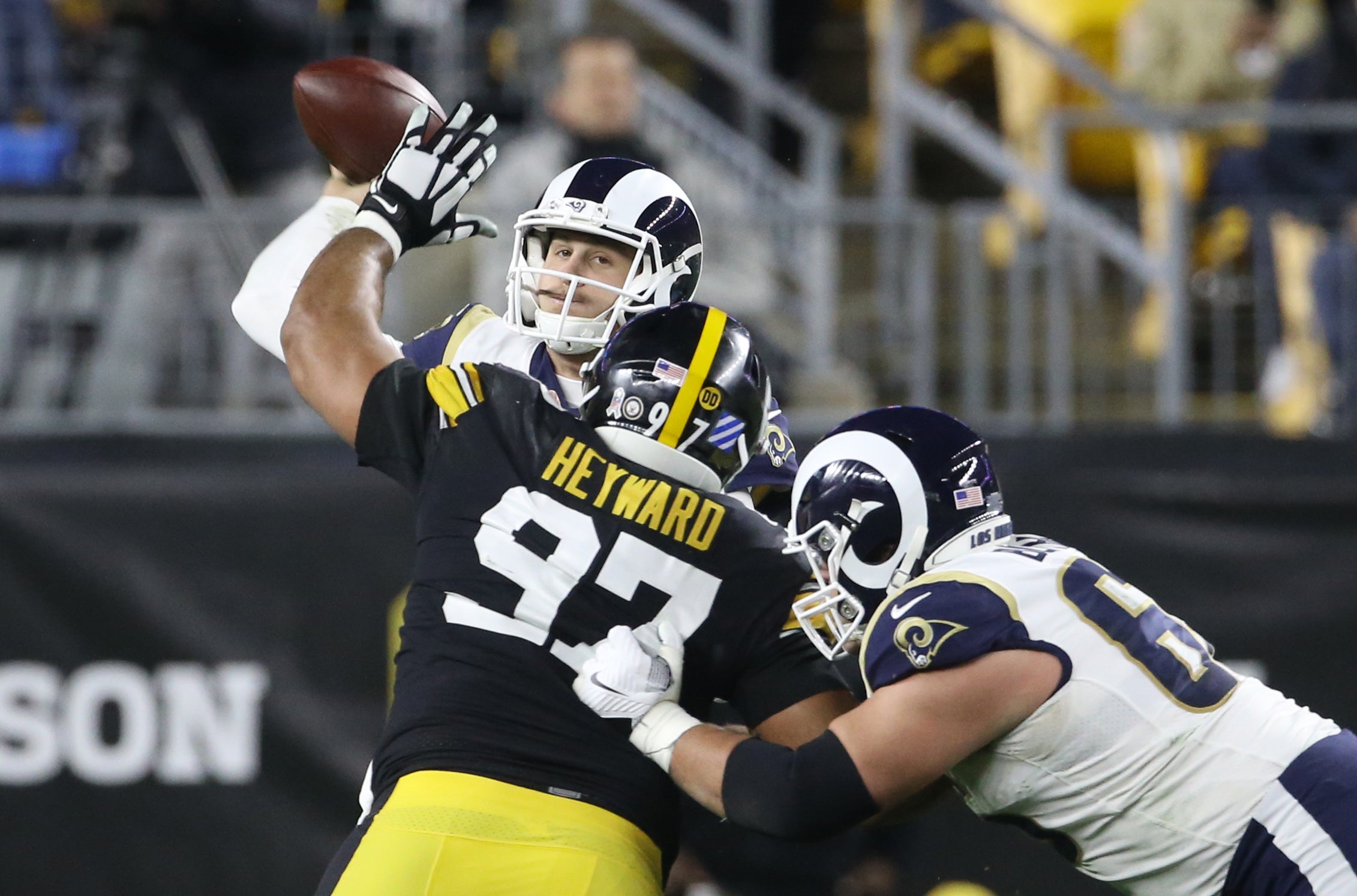 Nov 10, 2019; Pittsburgh, PA, USA; Pittsburgh Steelers defensive end Cameron Heyward (97) pressures Los Angeles Rams quarterback Jared Goff (rear) during the second quarter at Heinz Field. Pittsburgh won 17-12. Mandatory Credit: Charles LeClaire-USA TODAY Sports