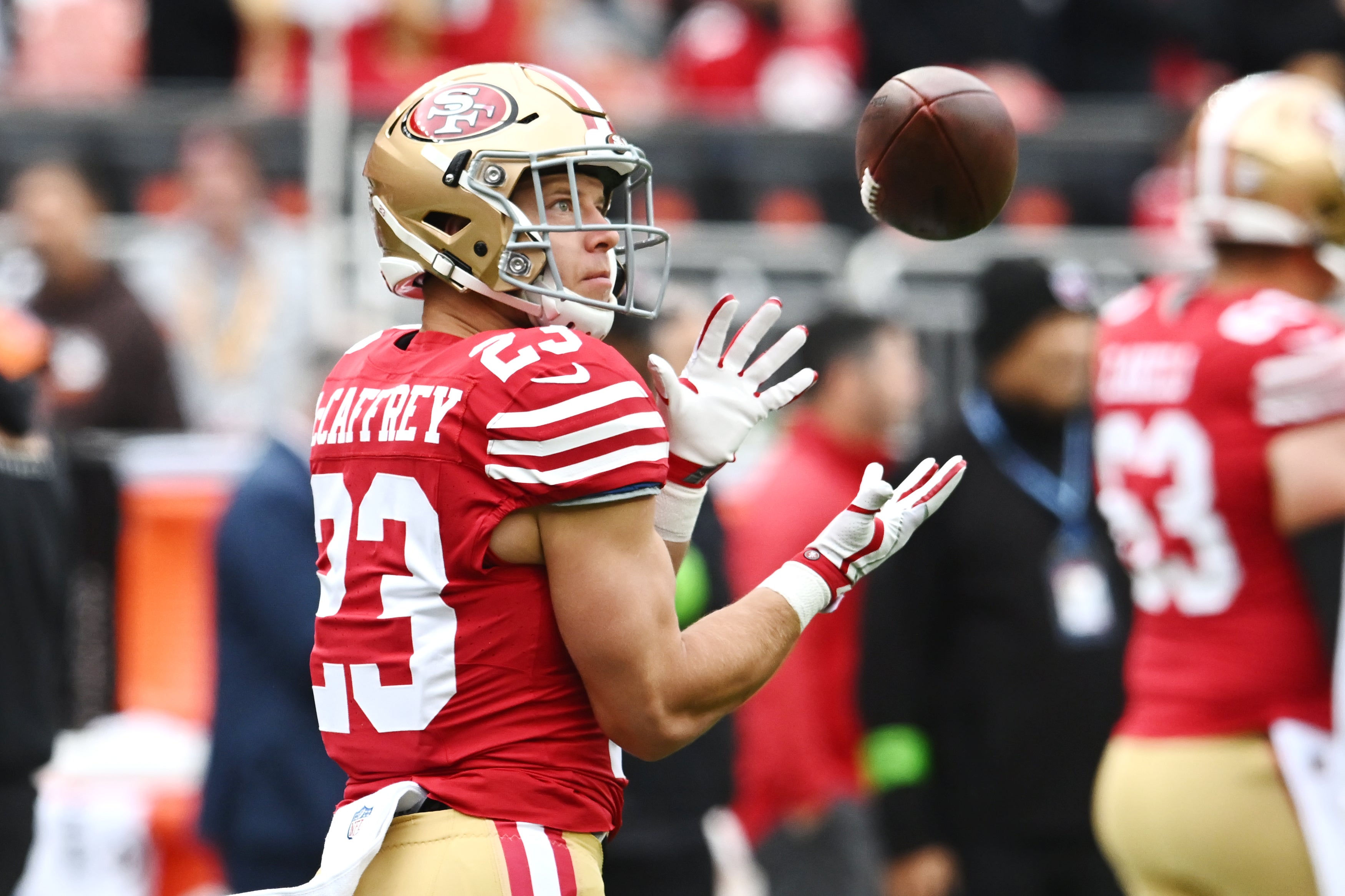Oct 15, 2023; Cleveland, Ohio, USA; San Francisco 49ers running back Christian McCaffrey (23) warms up before the game between the 49ers and the Cleveland Browns at Cleveland Browns Stadium.