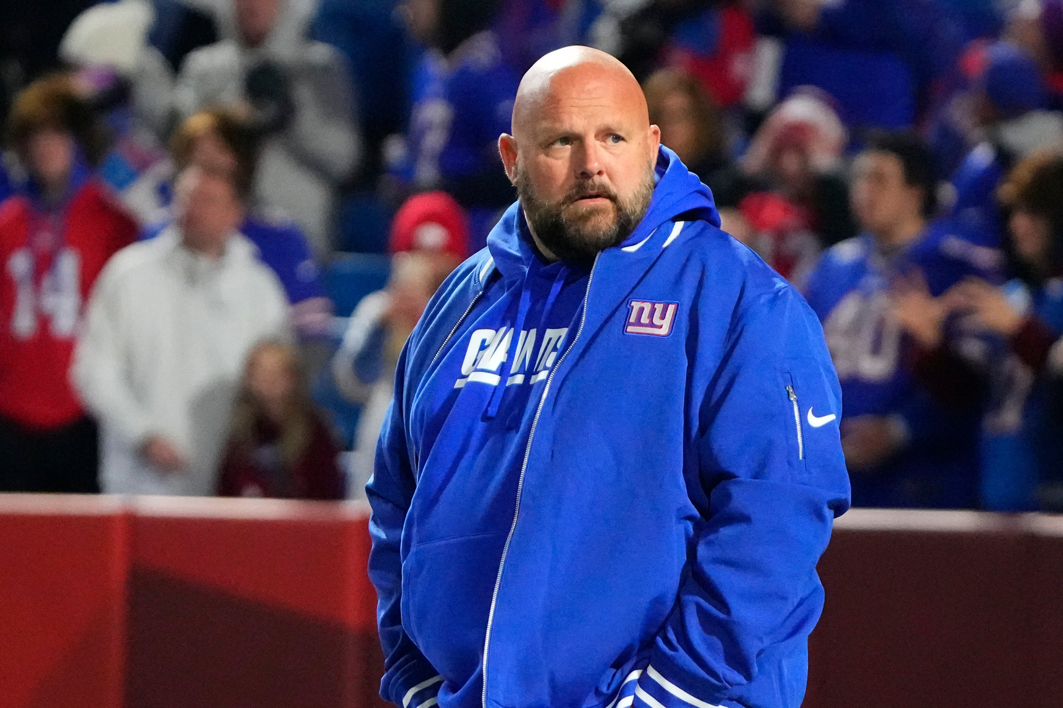 New York Giants head coach Brian Daboll on the field prior to the game against the Buffalo Bills at Highmark Stadium.