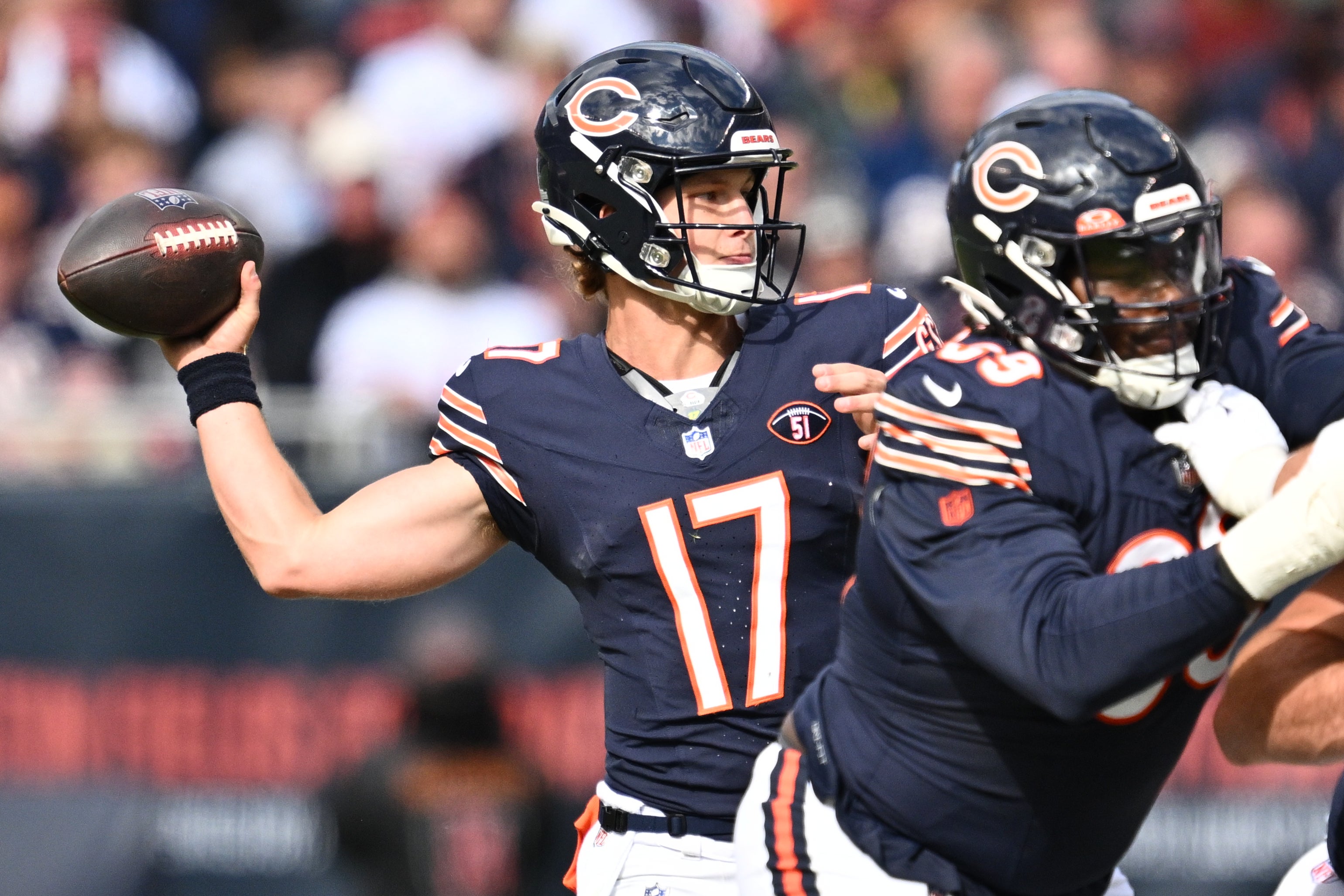 Oct 15, 2023; Chicago, Illinois, USA; Chicago Bears quarterback Tyson Bagent (17) passes in the second half against the Minnesota Vikings at Soldier Field.