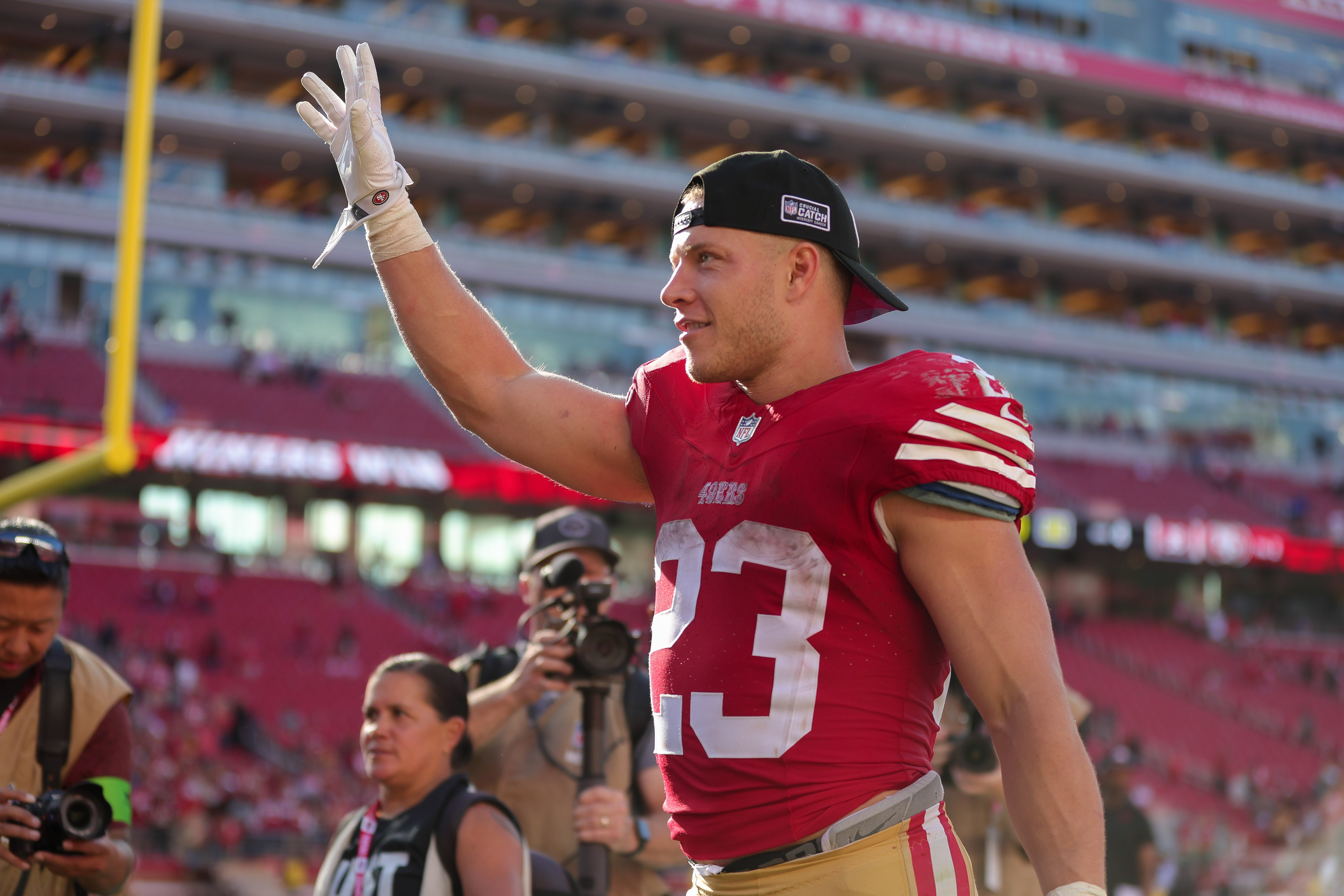 Oct 1, 2023; Santa Clara, California, USA; San Francisco 49ers running back Christian McCaffrey (23) walks off the field after the game against the Arizona Cardinals at Levi's Stadium.