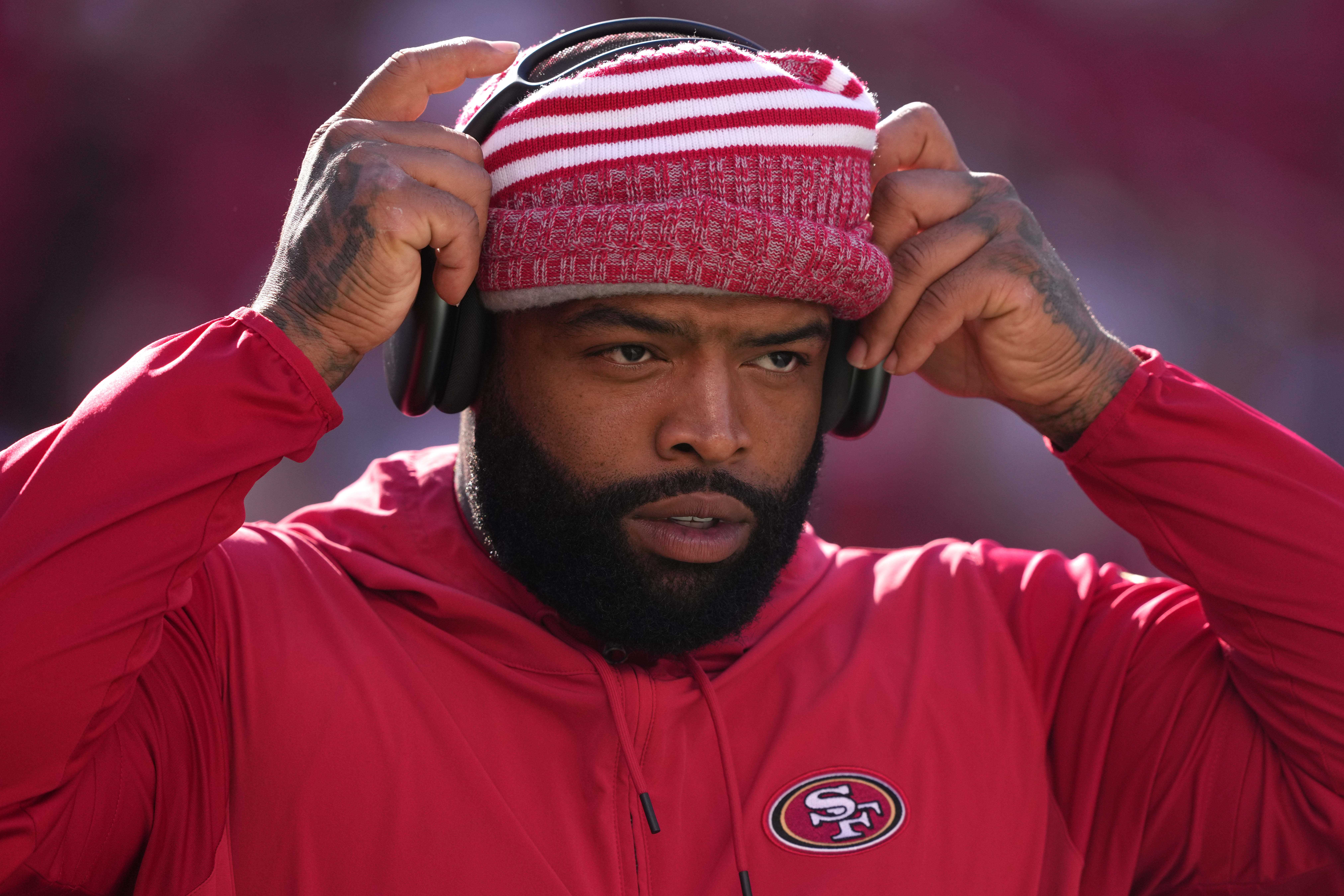 Oct 8, 2023; Santa Clara, California, USA; San Francisco 49ers offensive tackle Trent Williams (71) before the game against the Dallas Cowboys at Levi's Stadium.