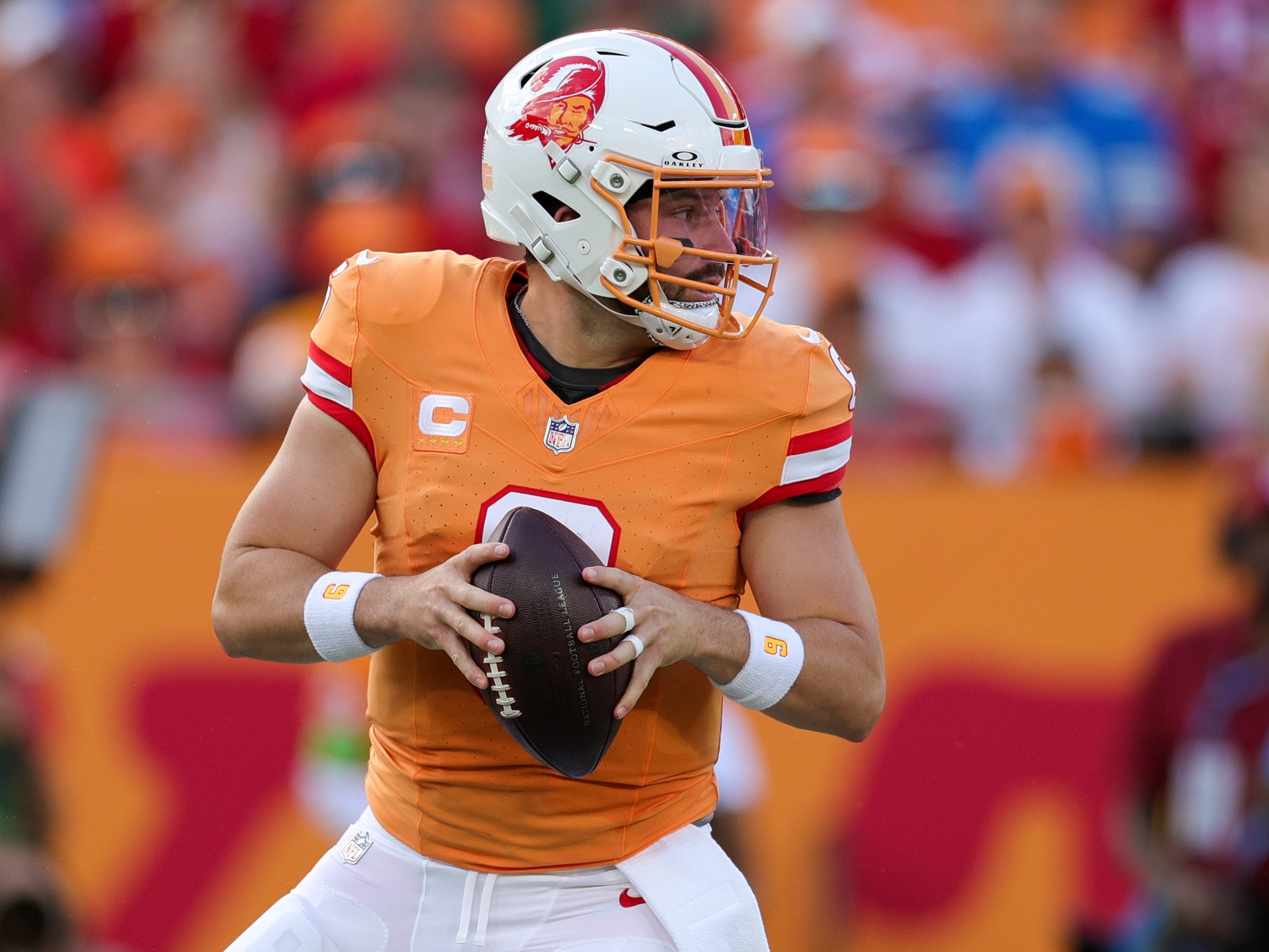 Oct 15, 2023; Tampa, Florida, USA; Tampa Bay Buccaneers quarterback Baker Mayfield (6) drops back to pass against the Detroit Lions in the first quarter at Raymond James Stadium. Mandatory Credit: Nathan Ray Seebeck-USA TODAY Sports