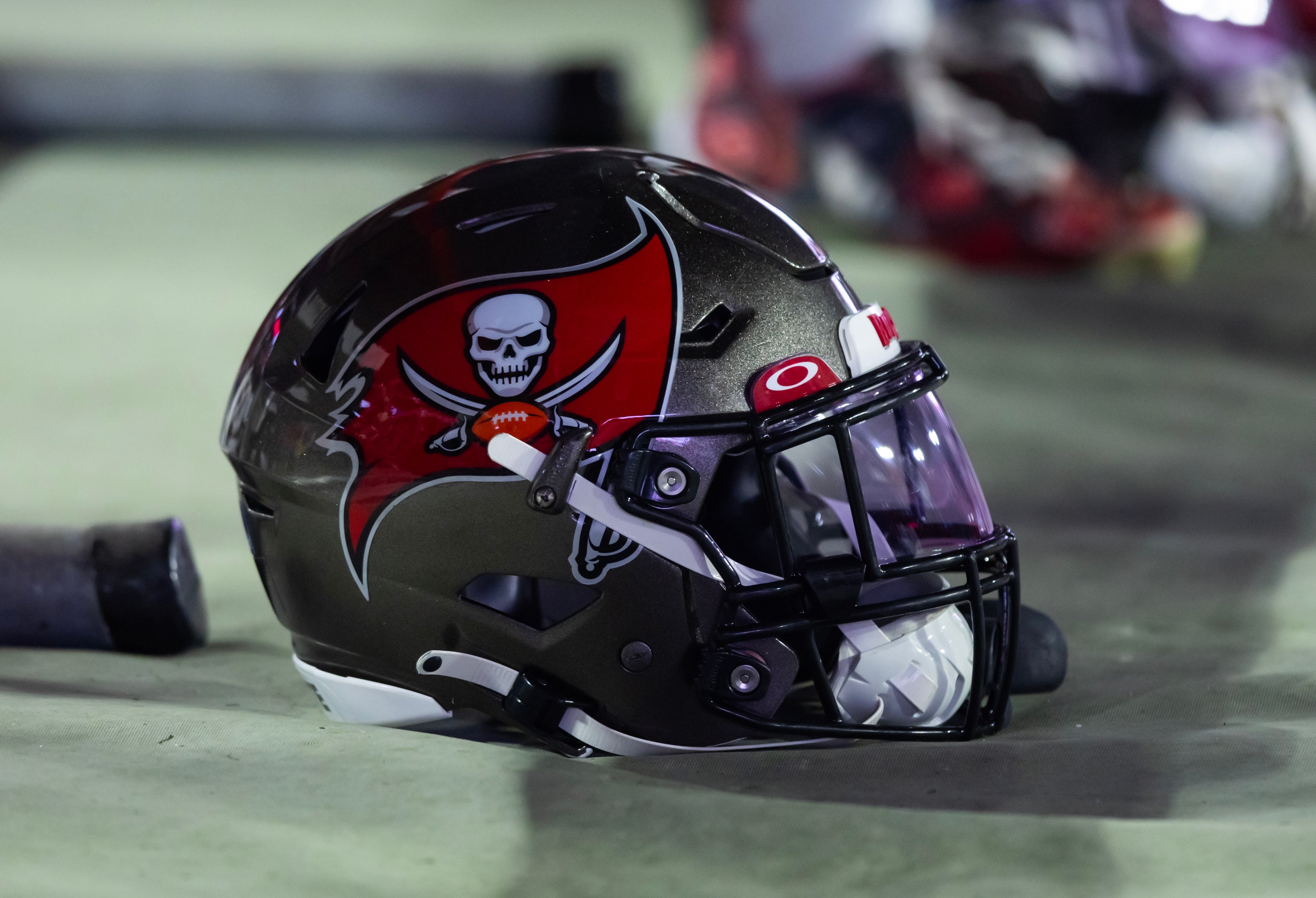 Dec 25, 2022; Glendale, Arizona, USA; Detailed view of a Tampa Bay Buccaneers helmet at State Farm Stadium. Mandatory Credit: Mark J. Rebilas-USA TODAY Sports