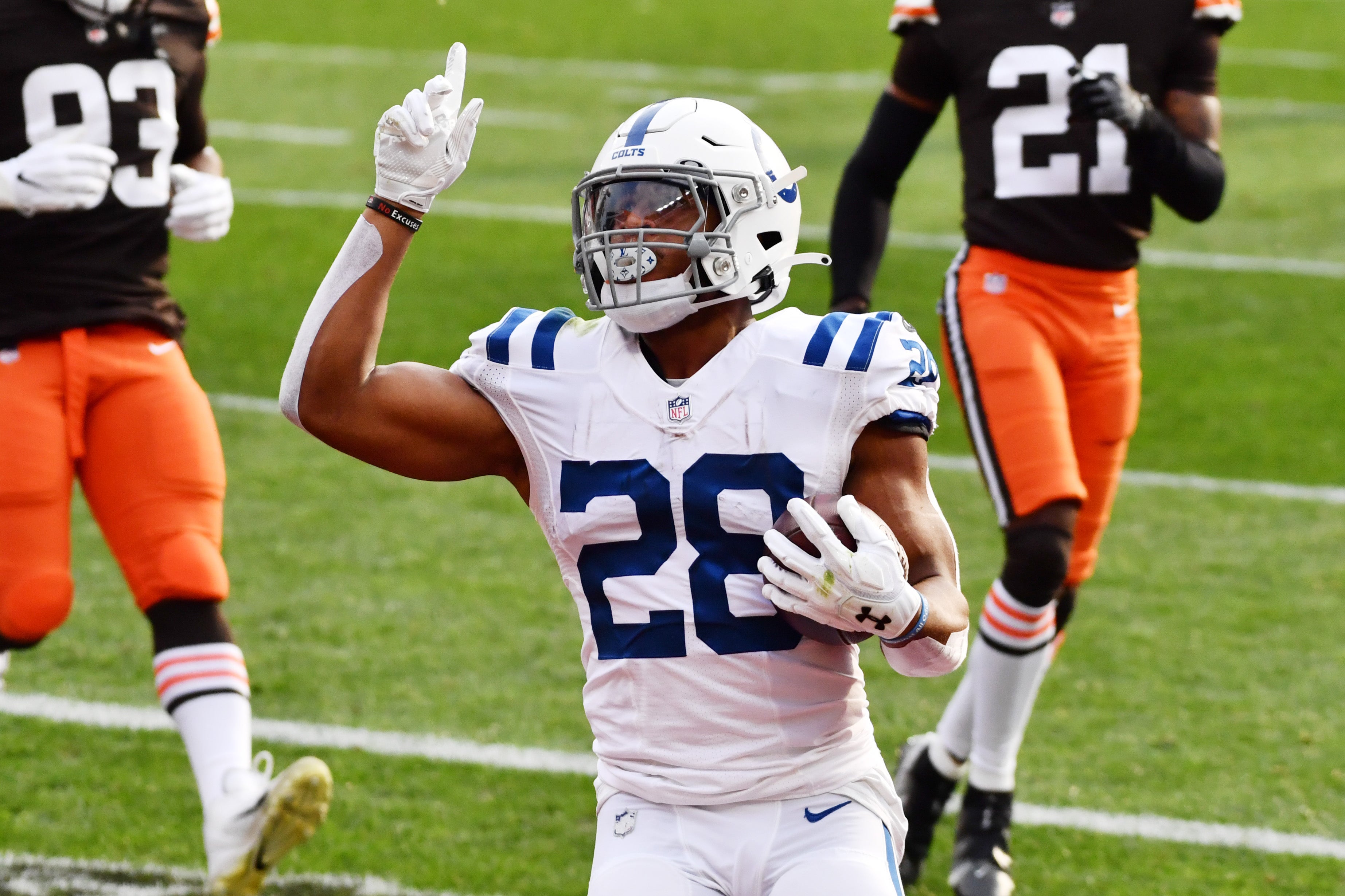 Oct 11, 2020; Cleveland, Ohio, USA; Indianapolis Colts running back Jonathan Taylor (28) scores a touchdown during the first half against the Cleveland Browns at FirstEnergy Stadium.