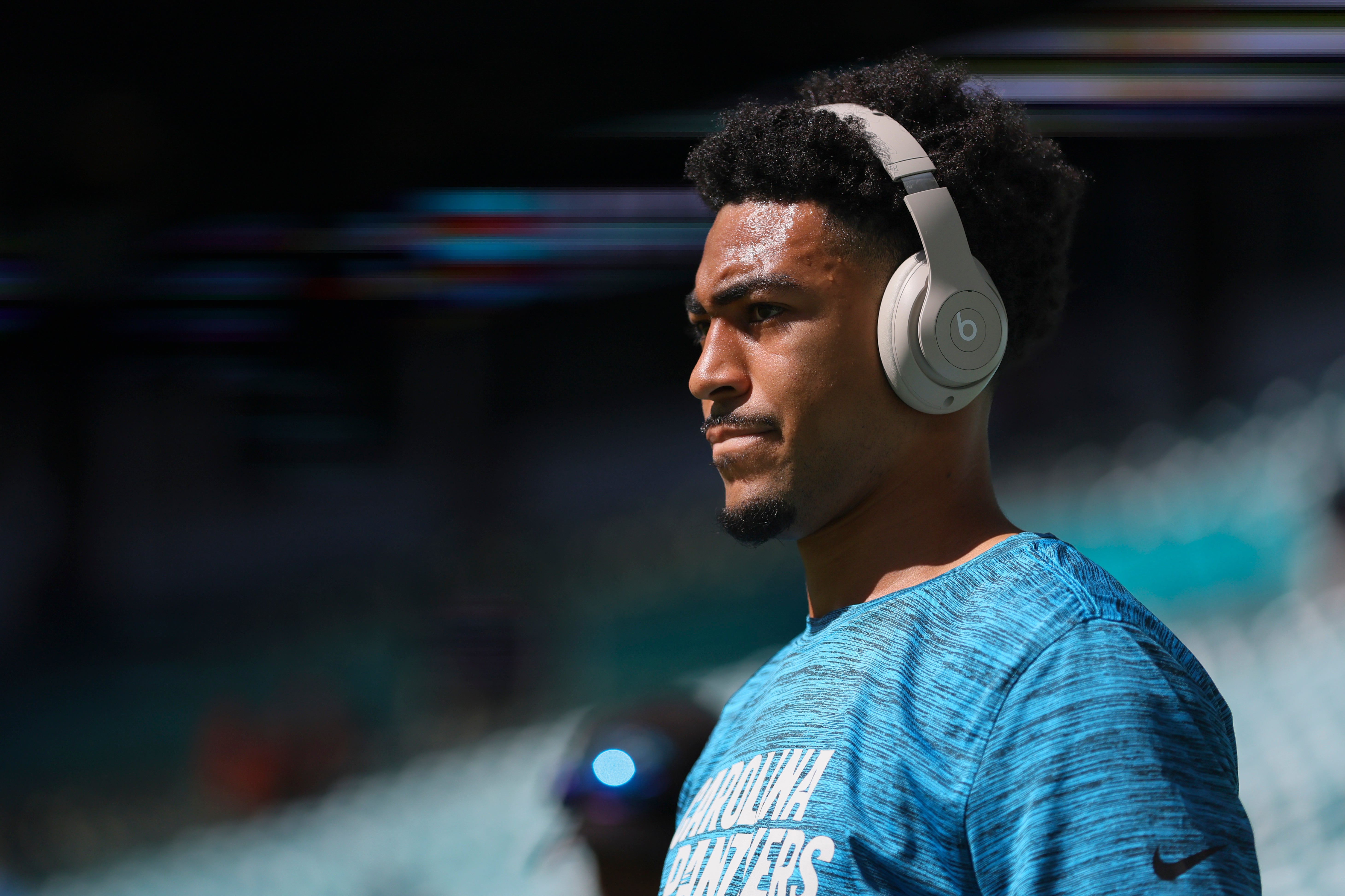 Oct 15, 2023; Miami Gardens, Florida, USA; Carolina Panthers quarterback Bryce Young (9) looks on during warmups prior to the game against the Miami Dolphins at Hard Rock Stadium. Mandatory Credit: Sam Navarro-USA TODAY Sports