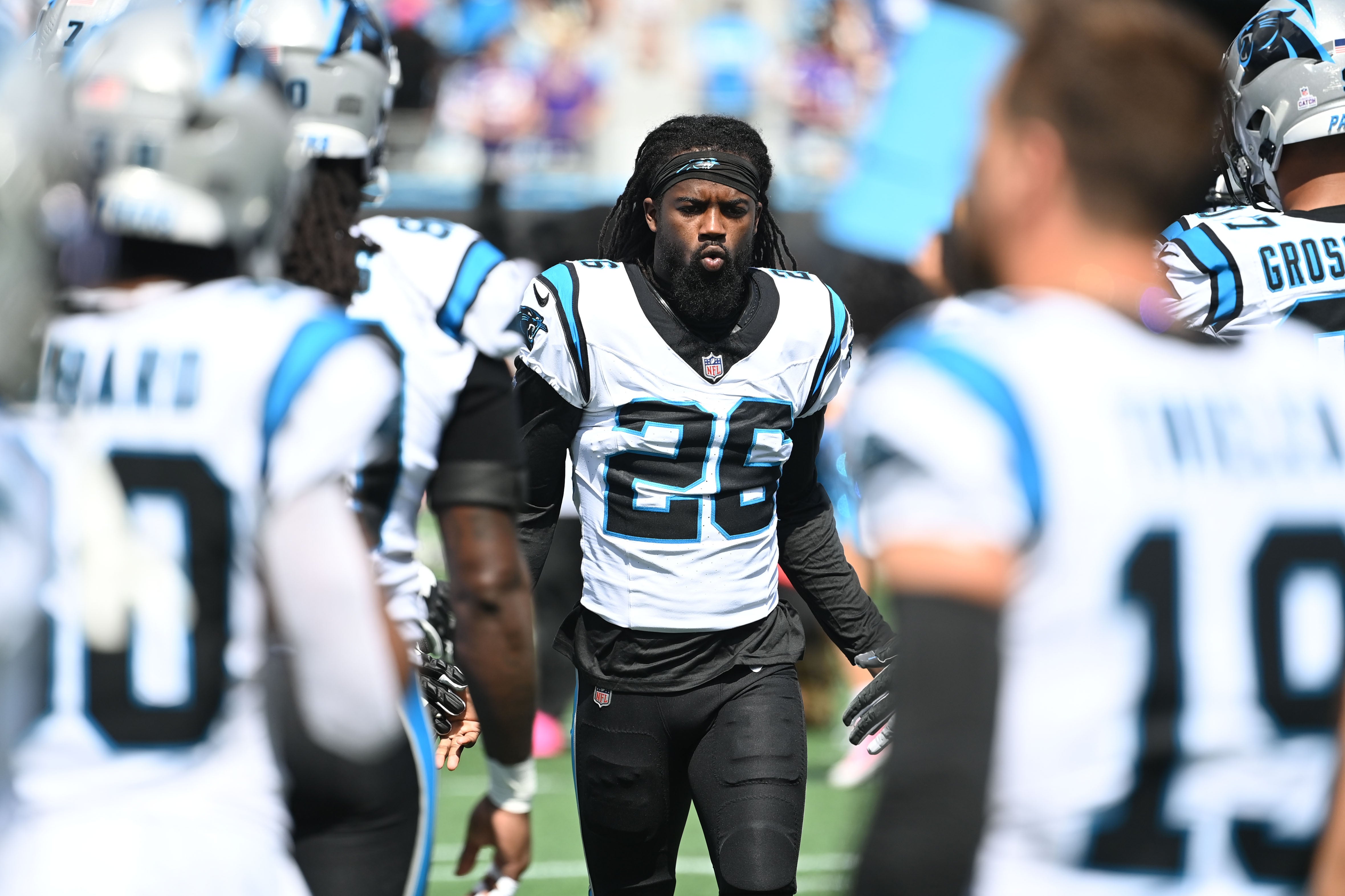 Oct 1, 2023; Charlotte, North Carolina, USA; Carolina Panthers cornerback Donte Jackson (26) runs on to the field at Bank of America Stadium. Mandatory Credit: Bob Donnan-USA TODAY Sports