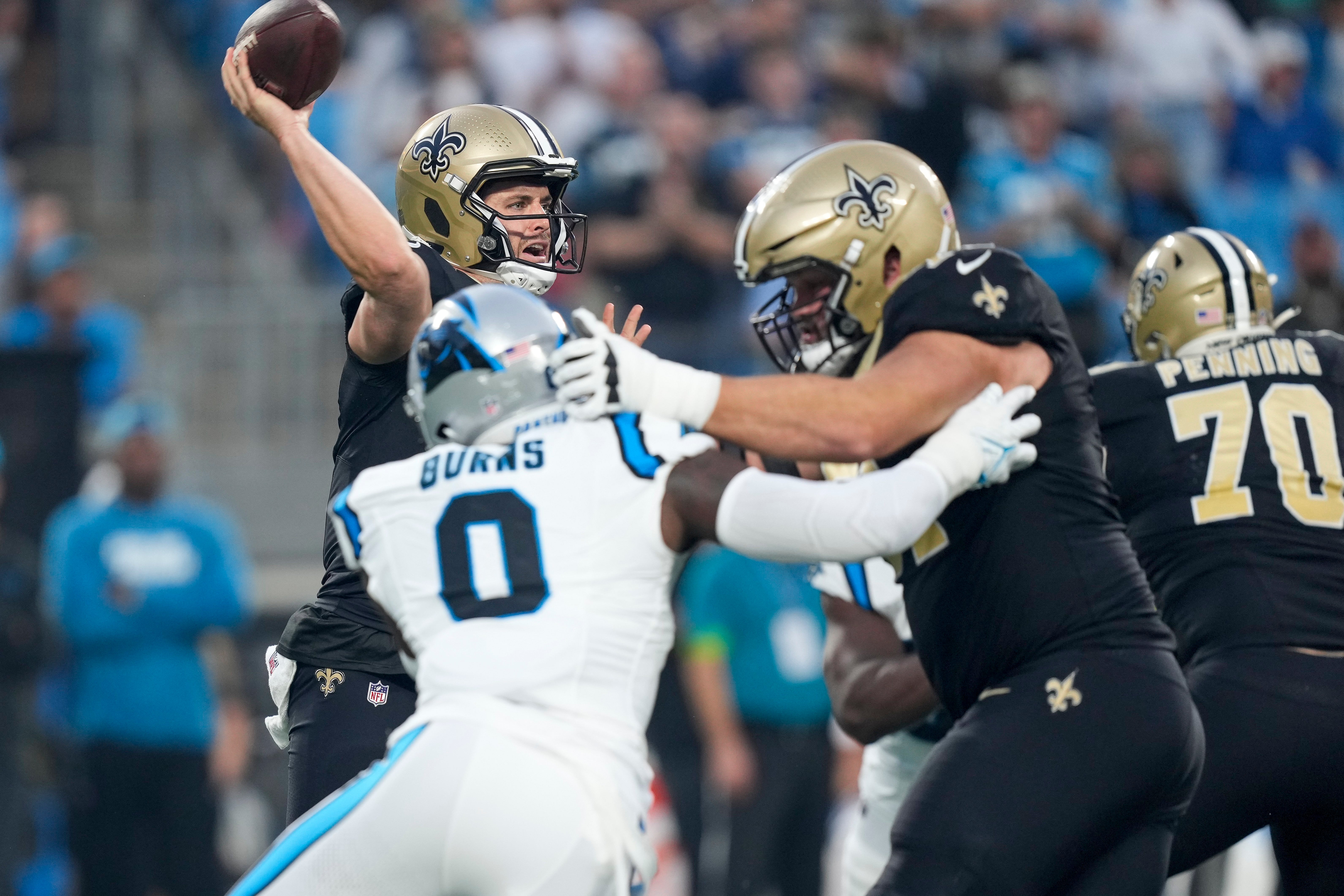 Saints quarterback Derek Carr passes pressured any Carolina Panthers linebacker Brian Burns.
