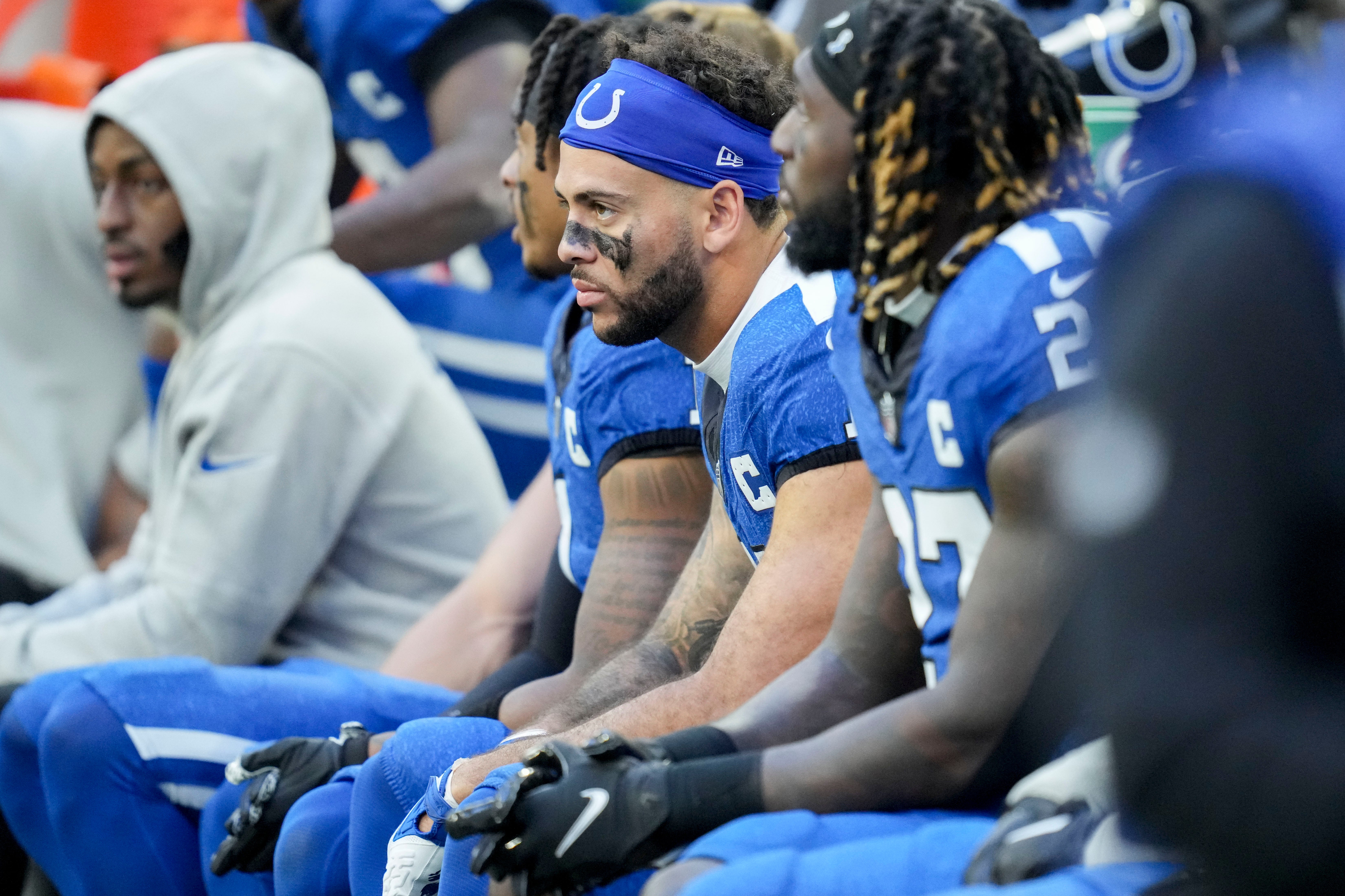 Oct 22, 2023; Indianapolis, Indiana, USA; Indianapolis Colts wide receiver Michael Pittman Jr. (11) sits on the bench Sunday, Oct. 22, 2023, during a game against the Cleveland Browns at Lucas Oil Stadium.
