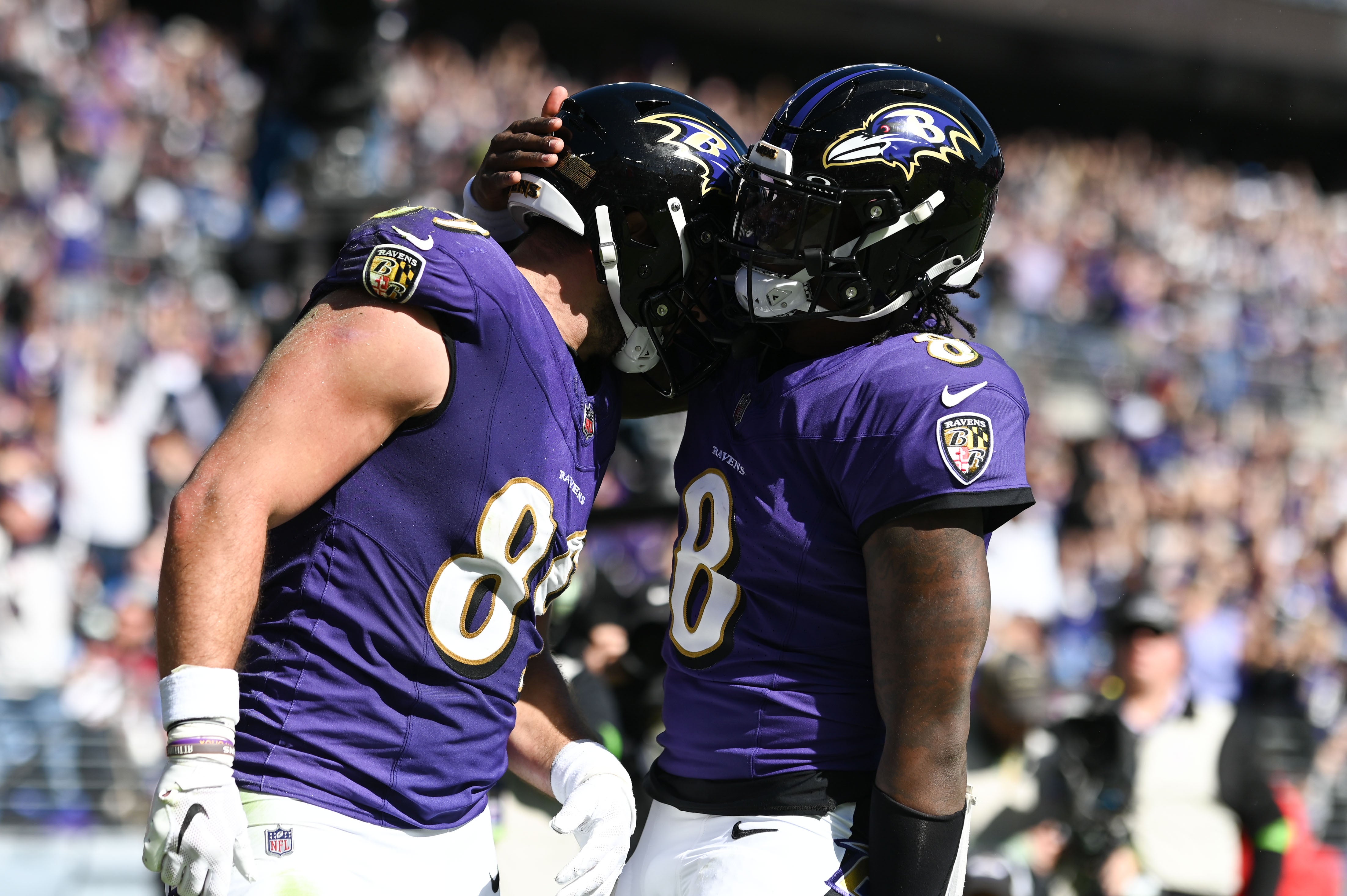 Baltimore Ravens tight end Mark Andrews (89) celebrates with quarterback Lamar Jackson (8) after scoring a touchdown against the Detroit Lions at M&T Bank Stadium.