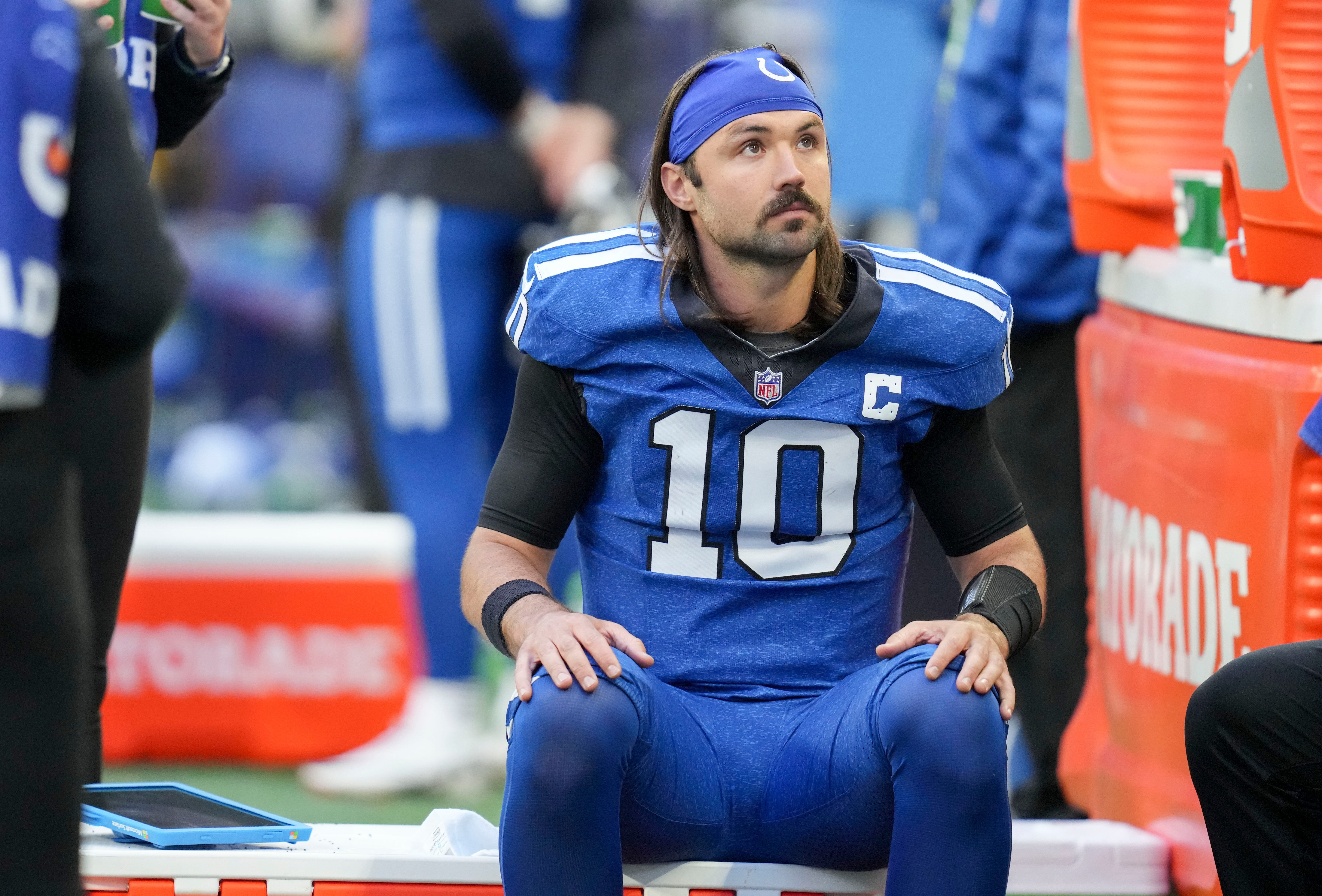 Indianapolis Colts quarterback Gardner Minshew II (10) sits on the bench between plays Sunday, Oct. 22, 2023, during a game against the Cleveland Browns at Lucas Oil Stadium in Indianapolis.