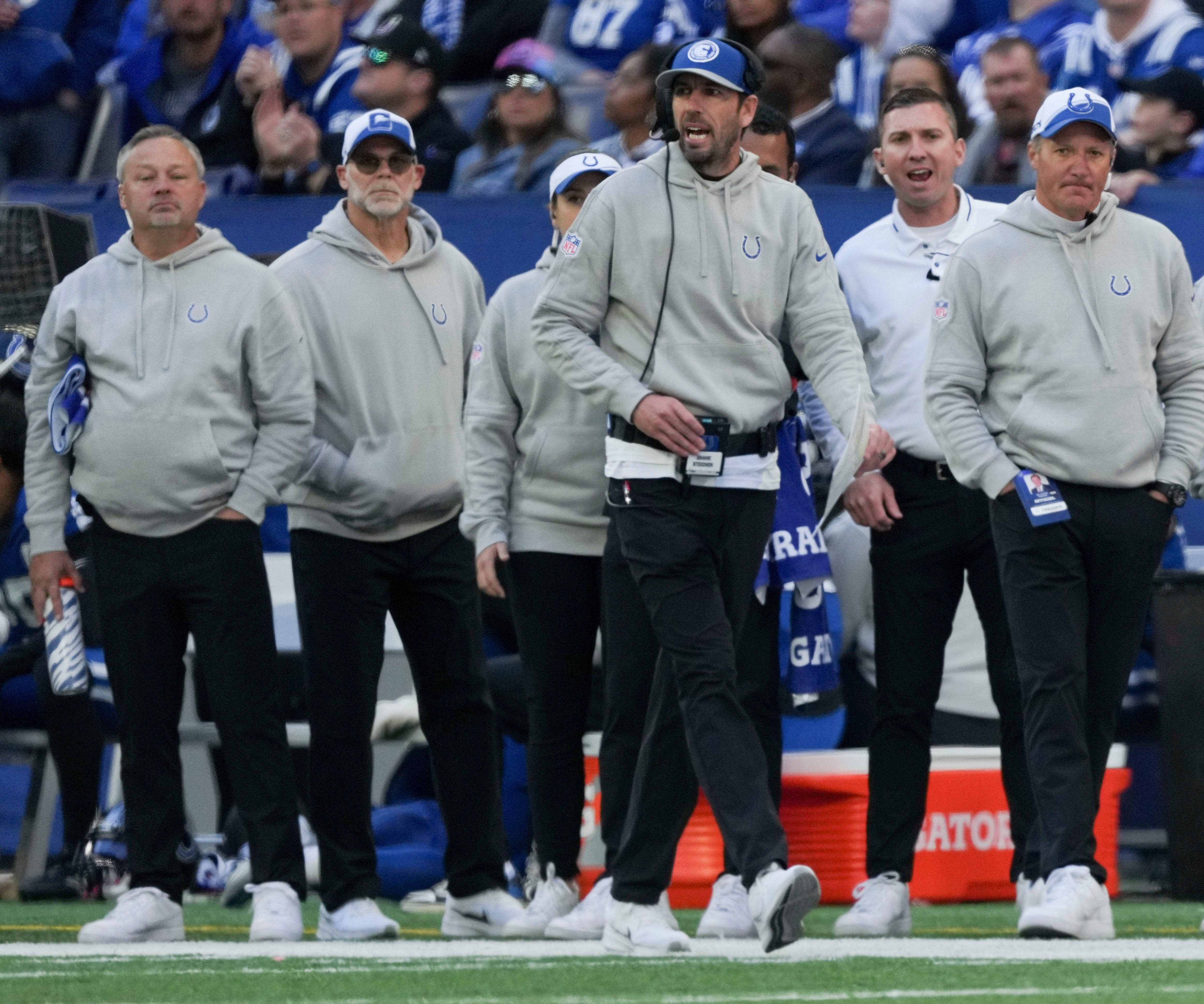 Indianapolis Colts head coach Shane Steichen watches the action on the field Sunday, Oct. 22, 2023, during a game against the Cleveland Browns at Lucas Oil Stadium in Indianapolis.