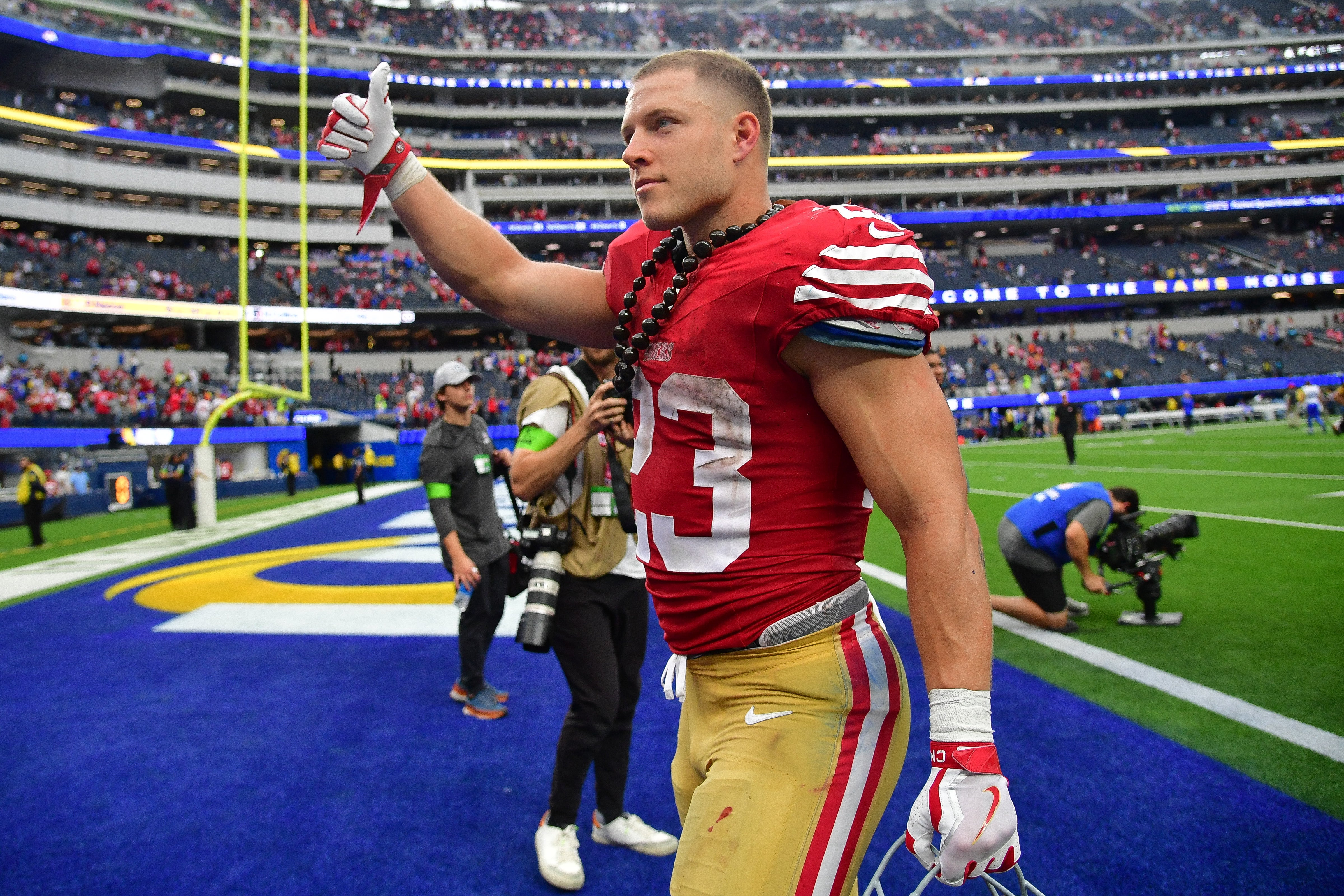 Sep 17, 2023; Inglewood, California, USA; San Francisco 49ers running back Christian McCaffrey (23) celebrates the victory against the Los Angeles Rams at SoFi Stadium.