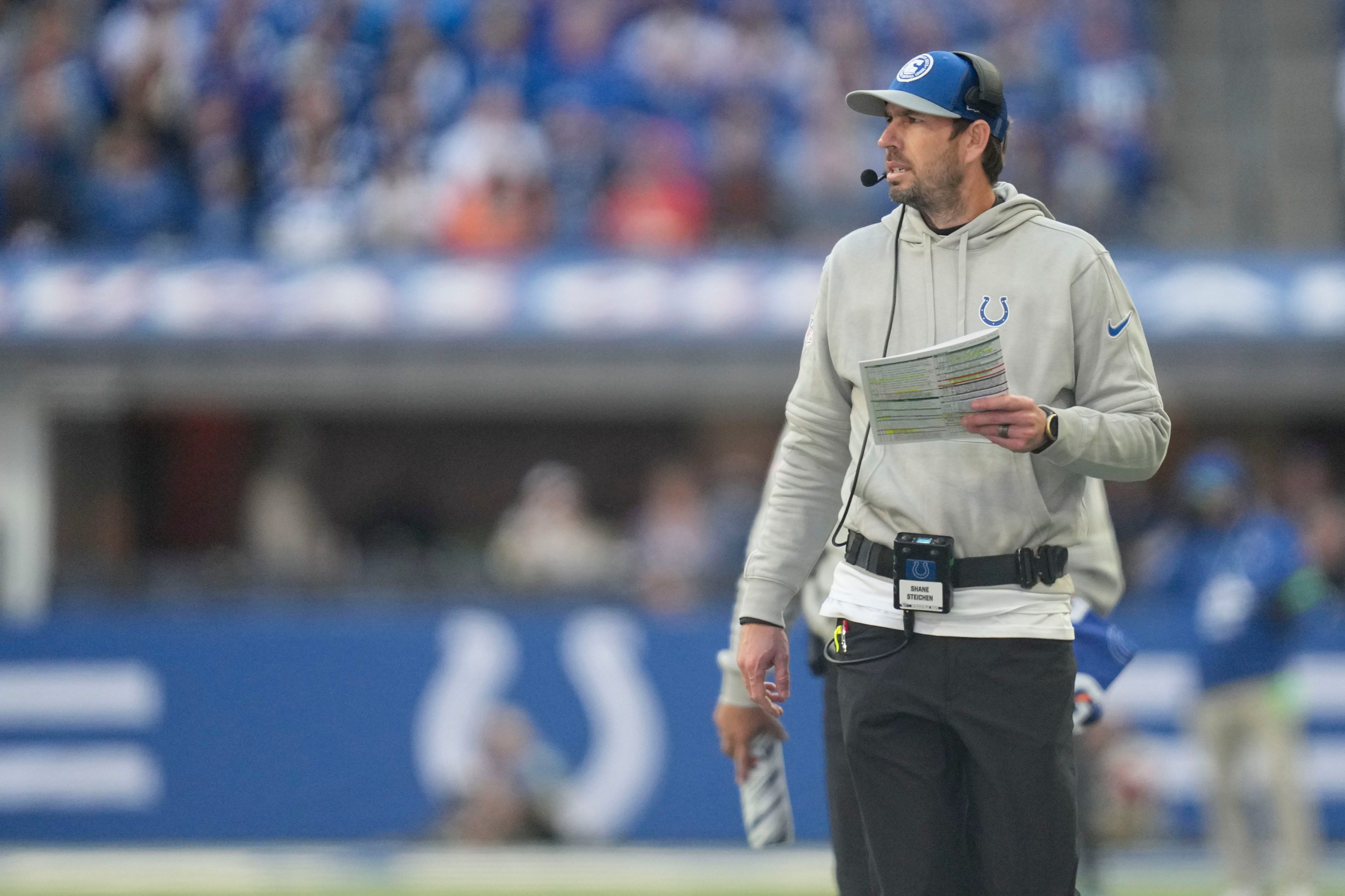 Indianapolis Colts head coach Shane Steichen watches the action on the field Sunday, Oct. 22, 2023, during a game against the Cleveland Browns at Lucas Oil Stadium in Indianapolis.