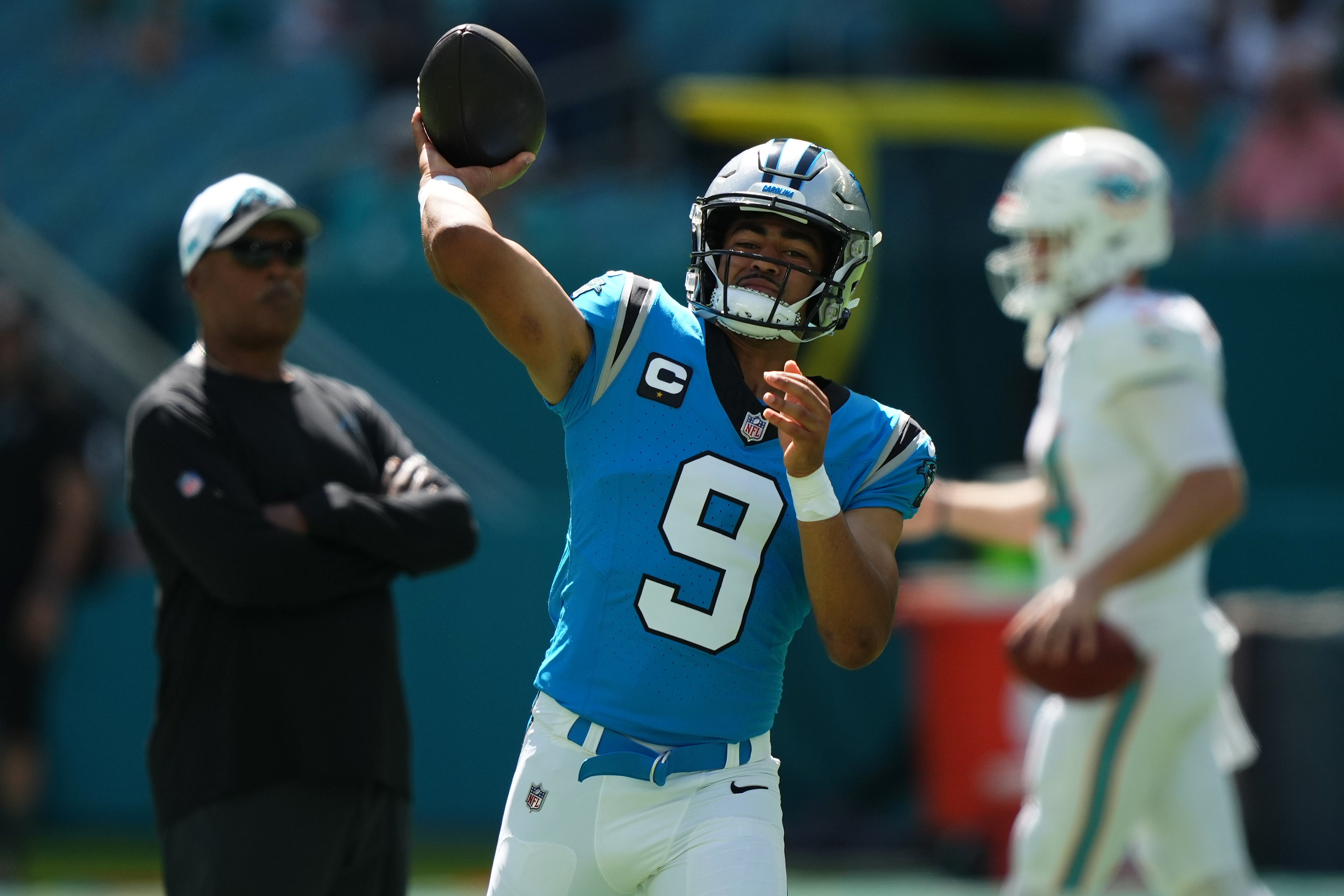 Oct 15, 2023; Miami Gardens, Florida, USA; Carolina Panthers quarterback Bryce Young (9) warms up prior to the game against the Miami Dophins at Hard Rock Stadium. Mandatory Credit: Jasen Vinlove-USA TODAY Sports