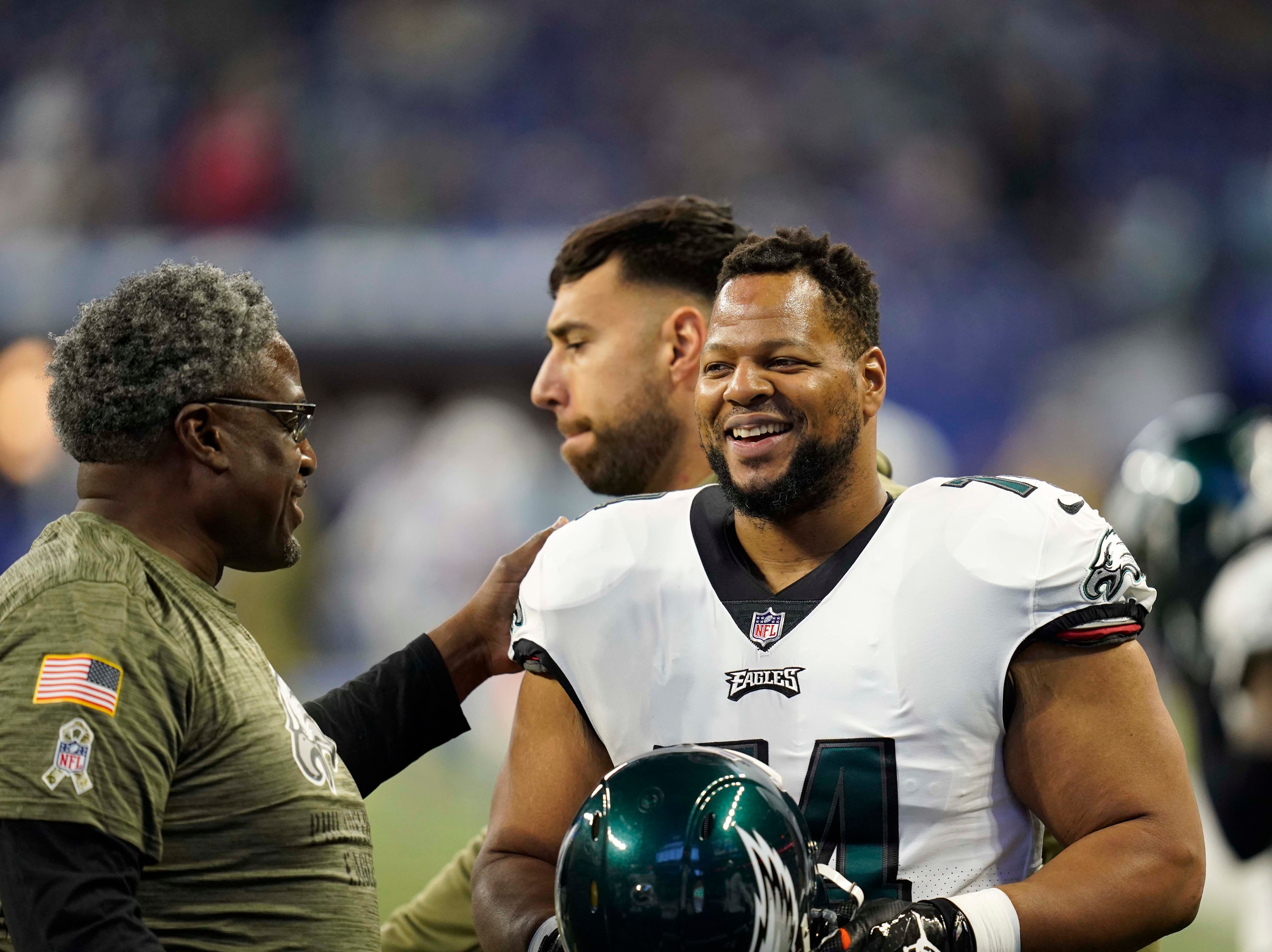 Philadelphia Eagles offensive tackle Ndamukong Suh (74) laughs before the game Sunday, Nov. 20, 2022, at Lucas Oil Stadium.
