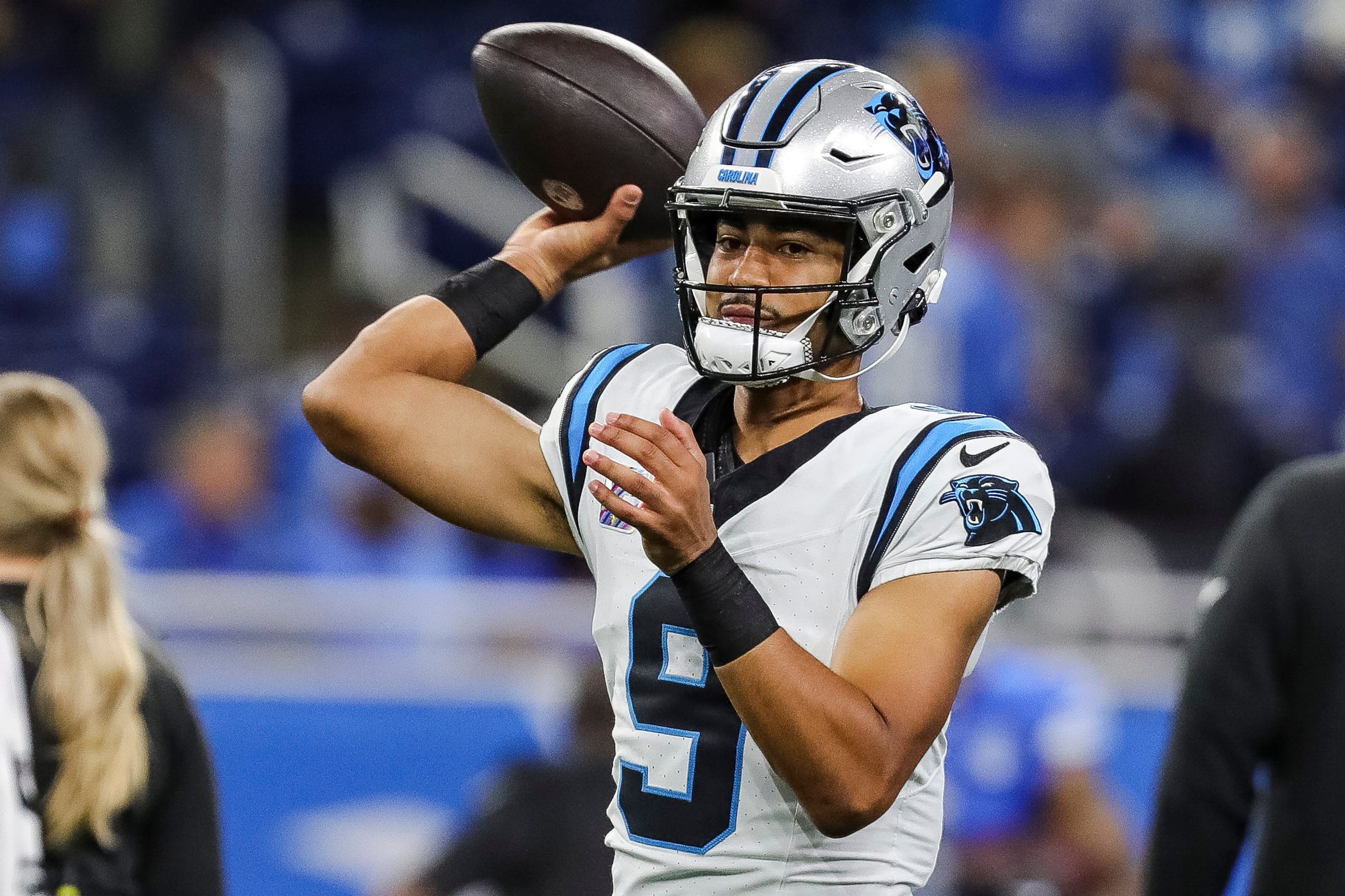Carolina Panthers quarterback Bryce Young warms up before the game vs. the Detroit Lions at Ford Field in Detroit on Sunday, Oct. 8, 2023.