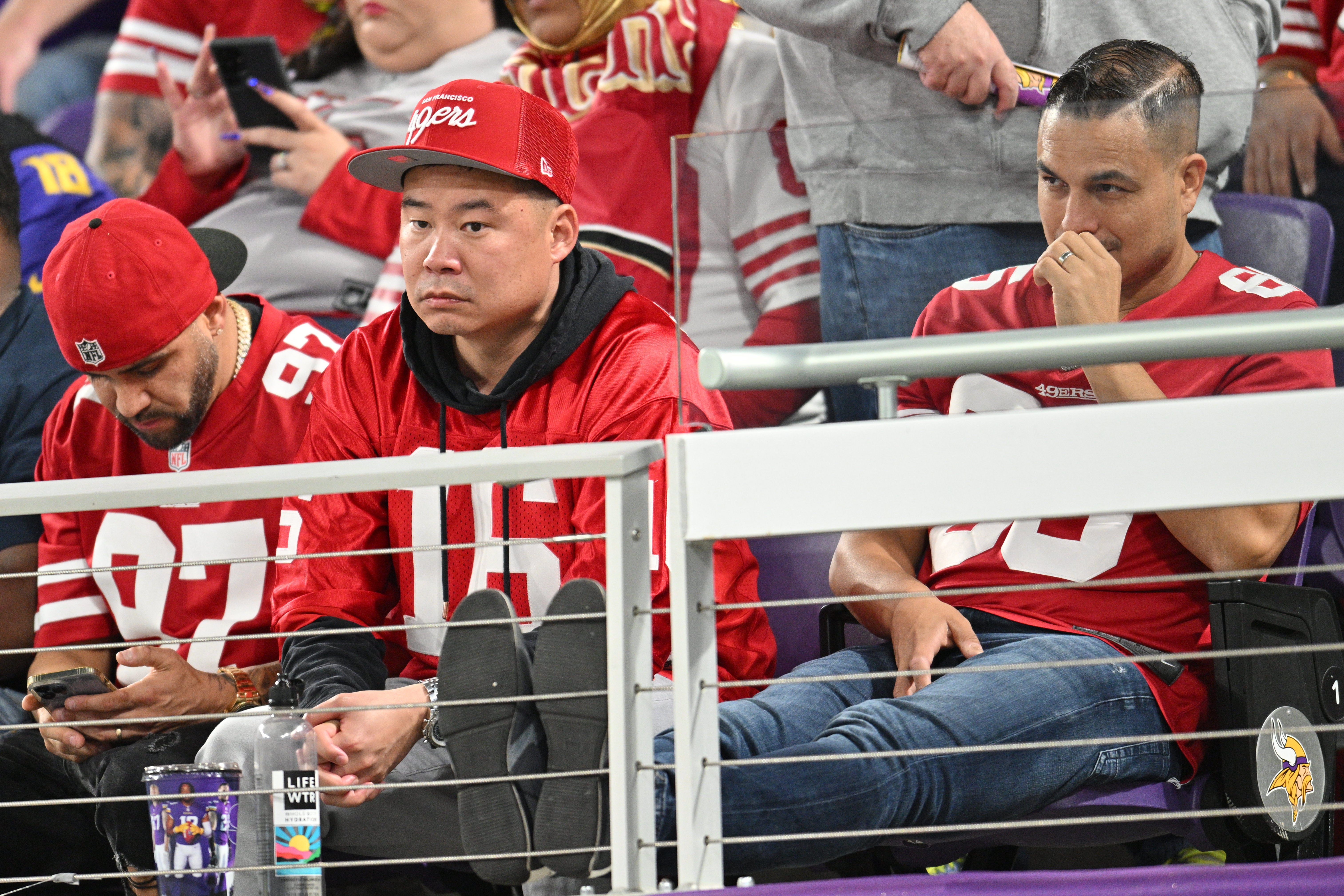 Oct 23, 2023; Minneapolis, Minnesota, USA; San Francisco 49ers fans react after the game against the Minnesota Vikings at U.S. Bank Stadium. Mandatory Credit: Jeffrey Becker-USA TODAY Sports