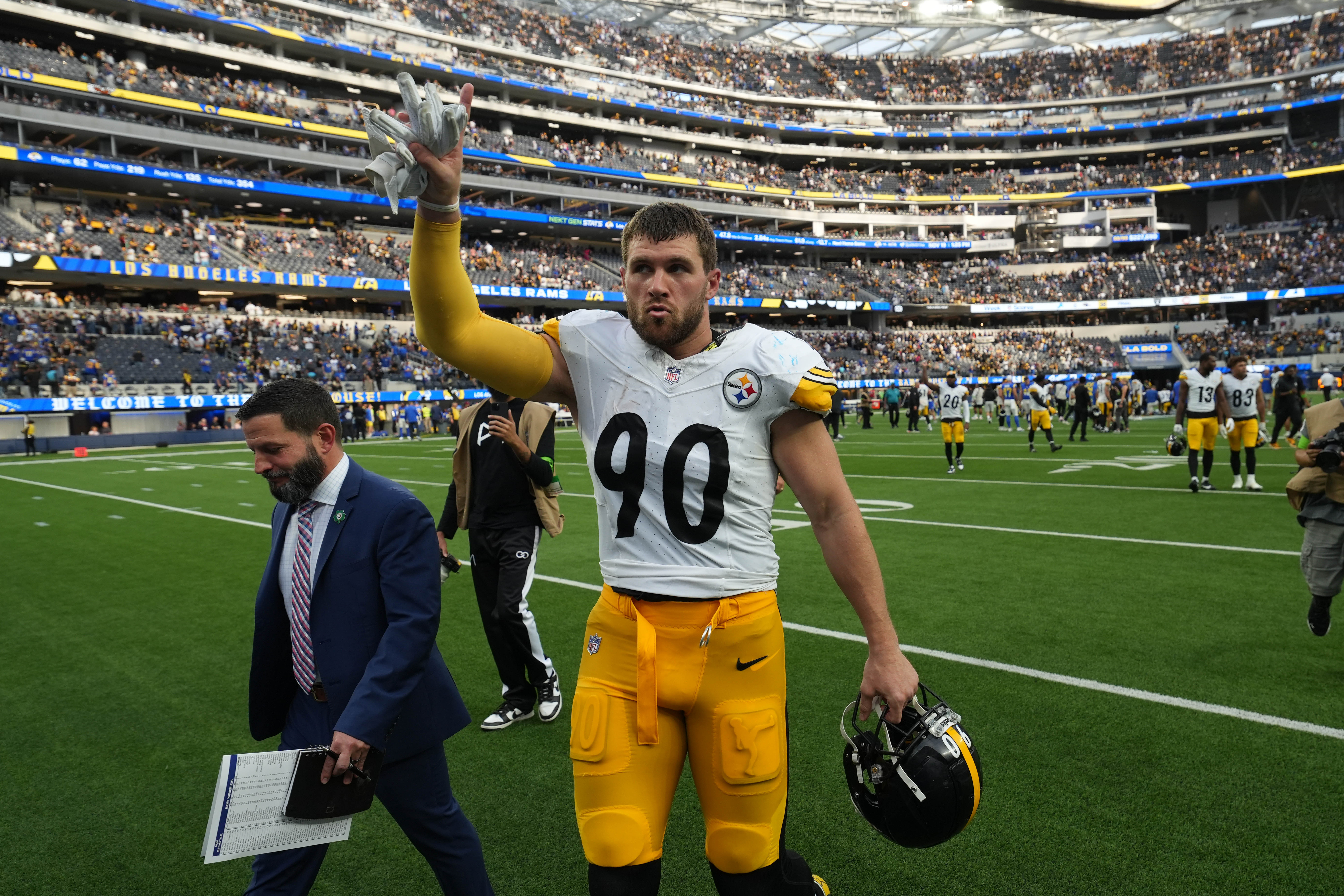 Oct 22, 2023; Inglewood, California, USA; Pittsburgh Steelers linebacker T.J. Watt (90) gestures after the game against the Los Angeles Rams at SoFi Stadium. Mandatory Credit: Kirby Lee-USA TODAY Sports