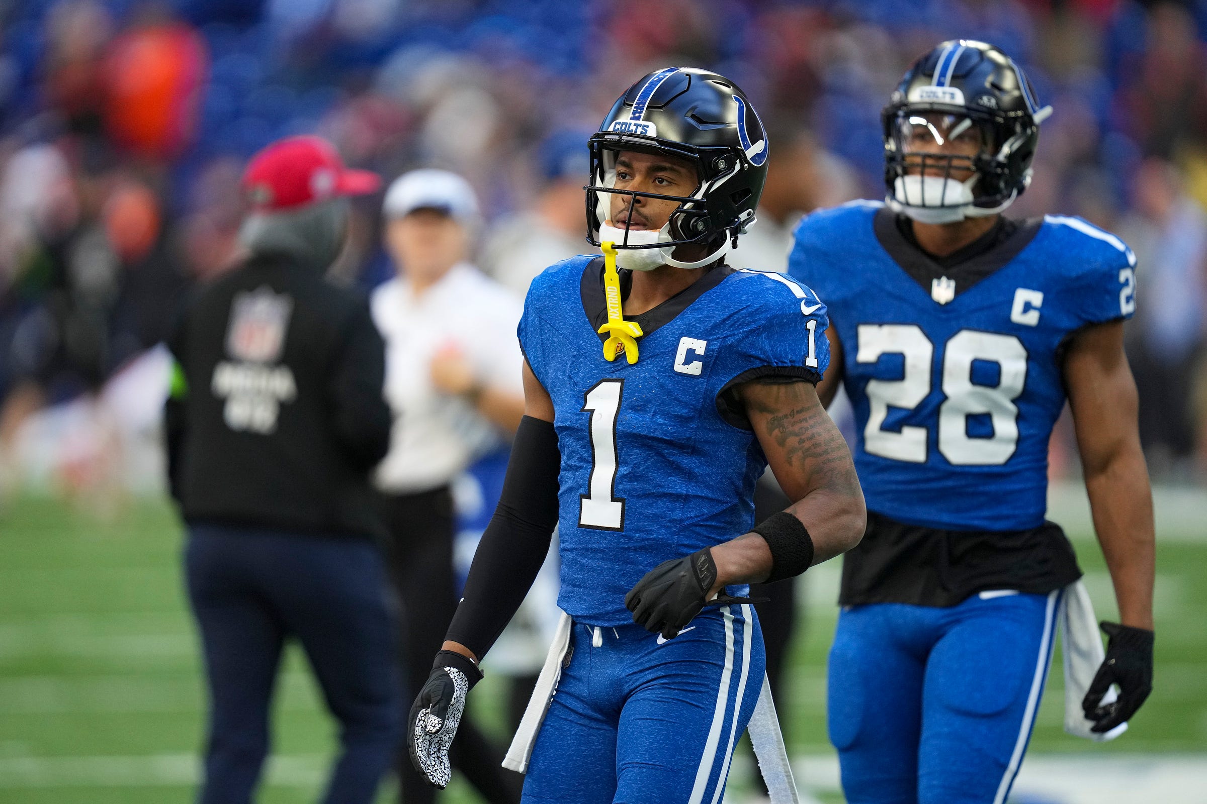 Indianapolis Colts wide receiver Josh Downs (1) warms up before facing the Cleveland Browns on Sunday, Oct. 22, 2023, at Lucas Oil Stadium in Indianapolis.