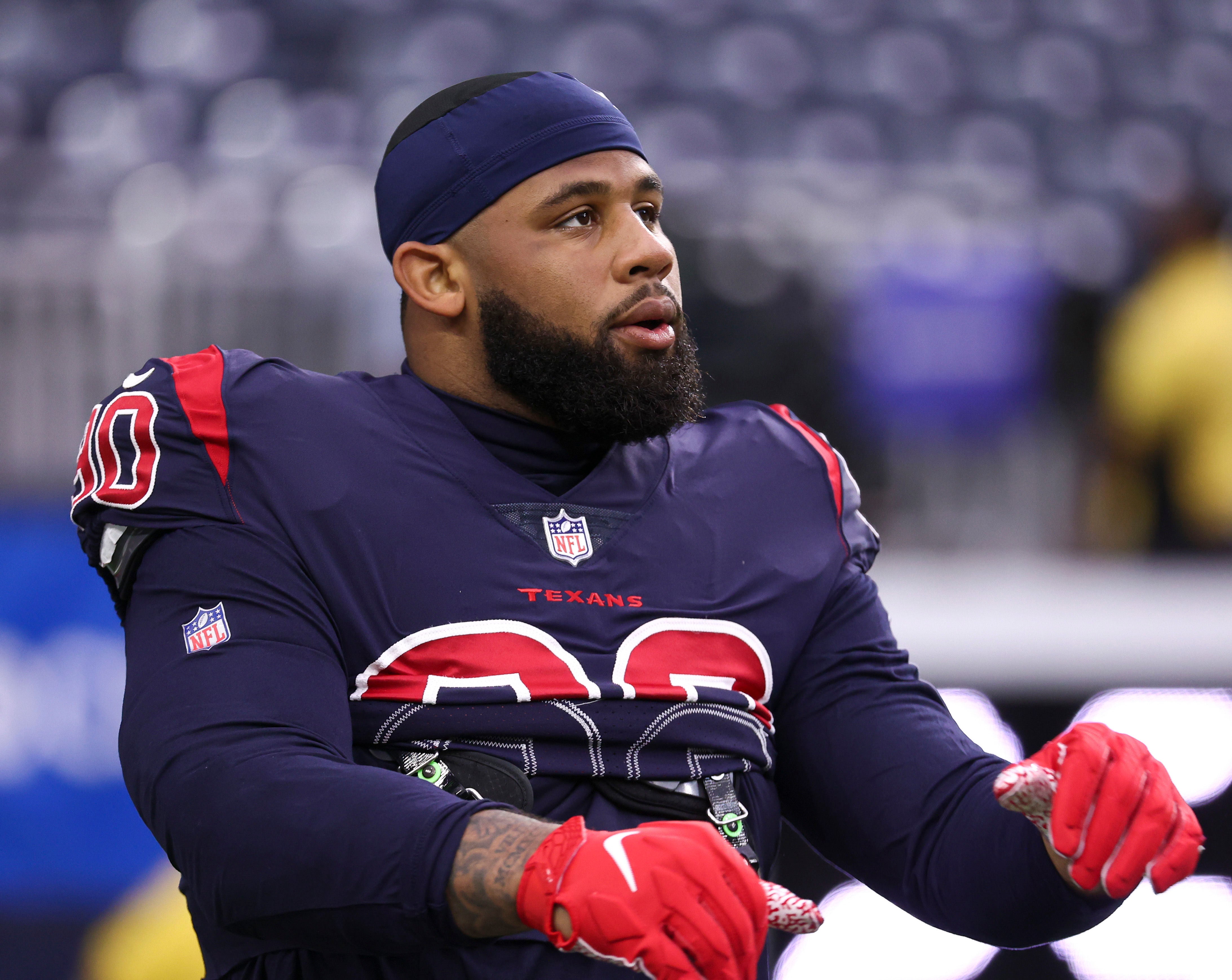 Dec 26, 2021; Houston, Texas, USA; Houston Texans defensive tackle Ross Blacklock (90) warms up before the game against the Los Angeles Chargers at NRG Stadium.