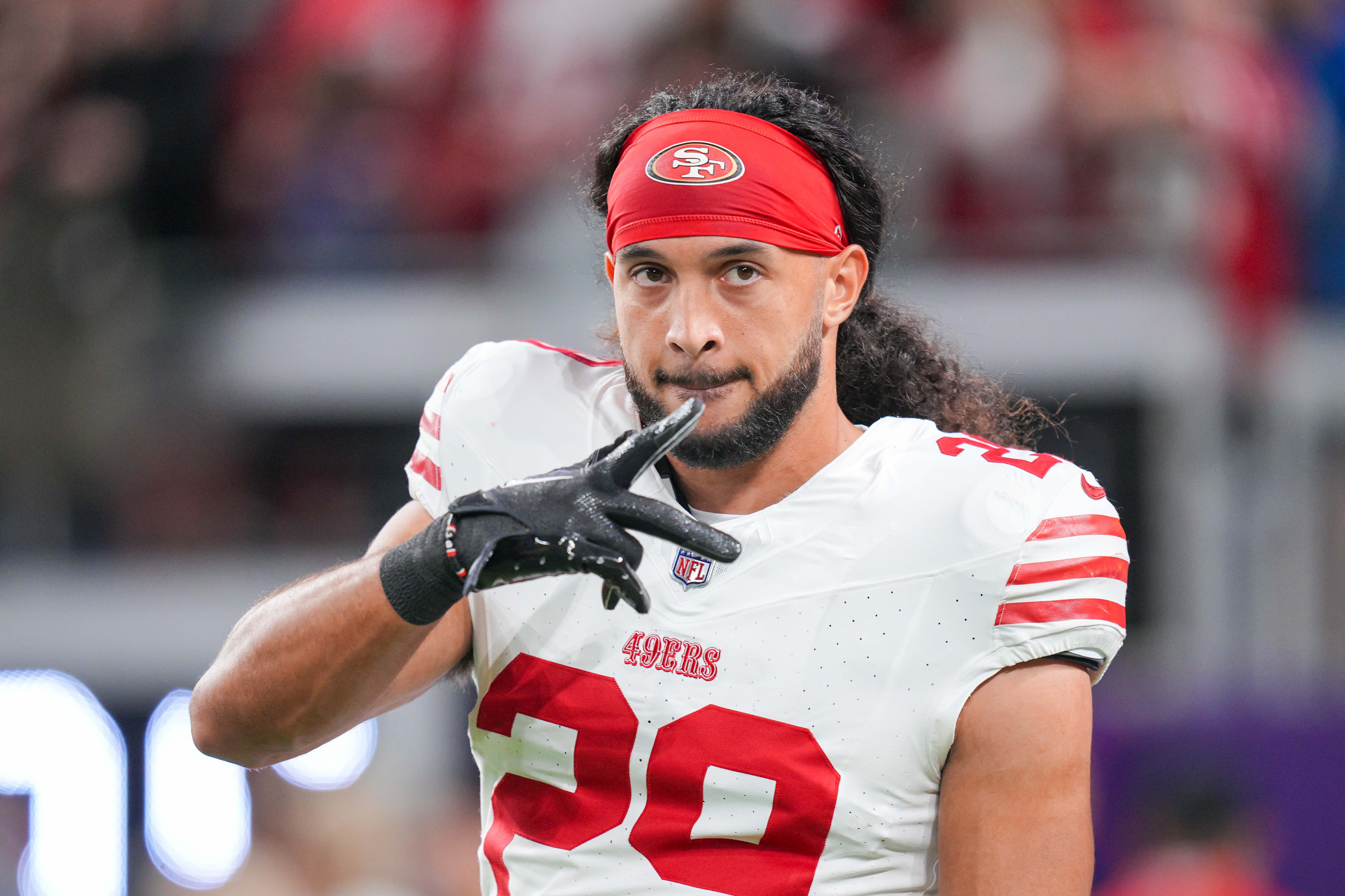 Oct 23, 2023; Minneapolis, Minnesota, USA; San Francisco 49ers safety Talanoa Hufanga (29) before the game against the Minnesota Vikings at U.S. Bank Stadium.