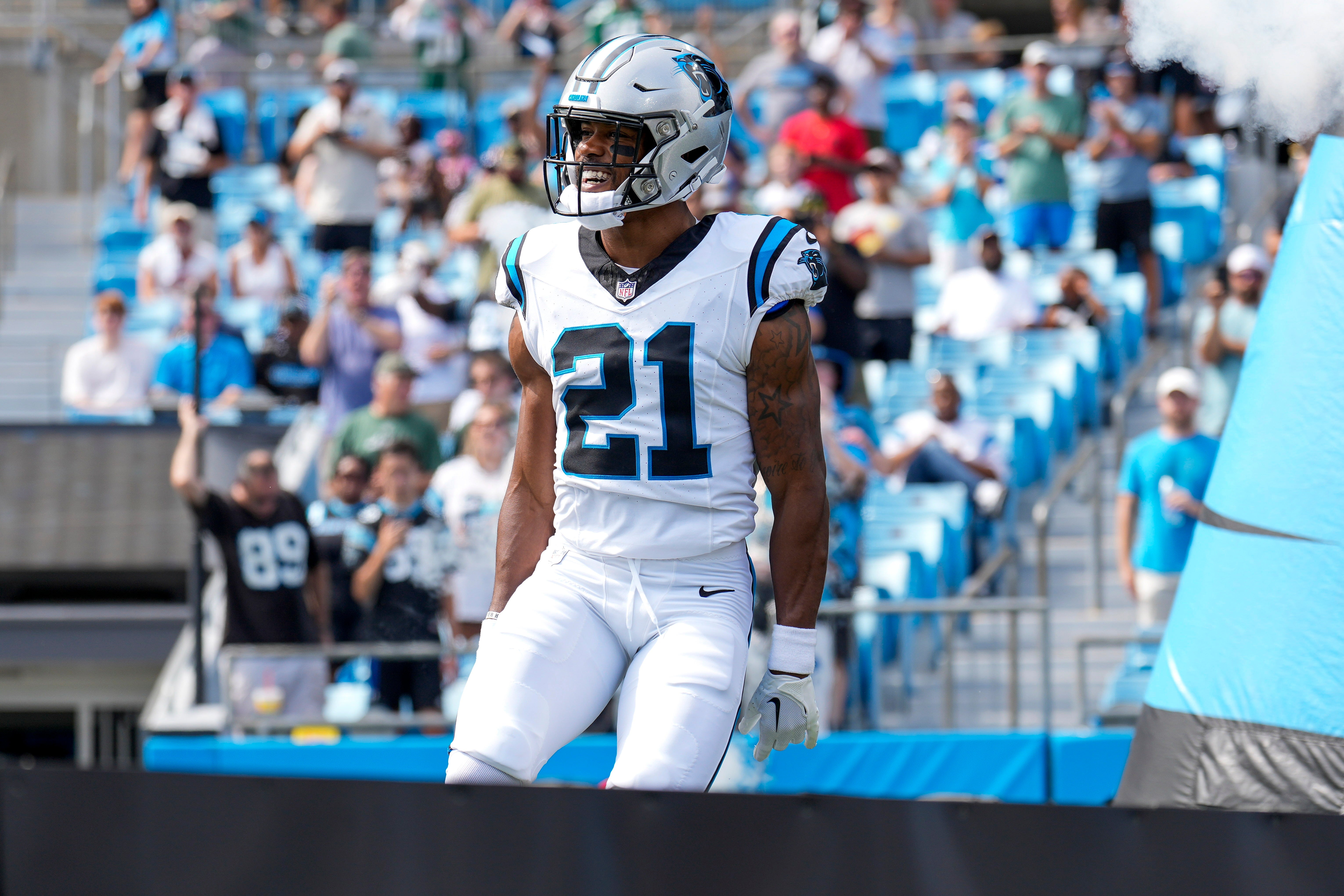 Aug 12, 2023; Charlotte, North Carolina, USA; Carolina Panthers safety Jeremy Chinn (21) takes the field during the first quarter against the New York Jets at Bank of America Stadium. Mandatory Credit: Jim Dedmon-USA TODAY Sports