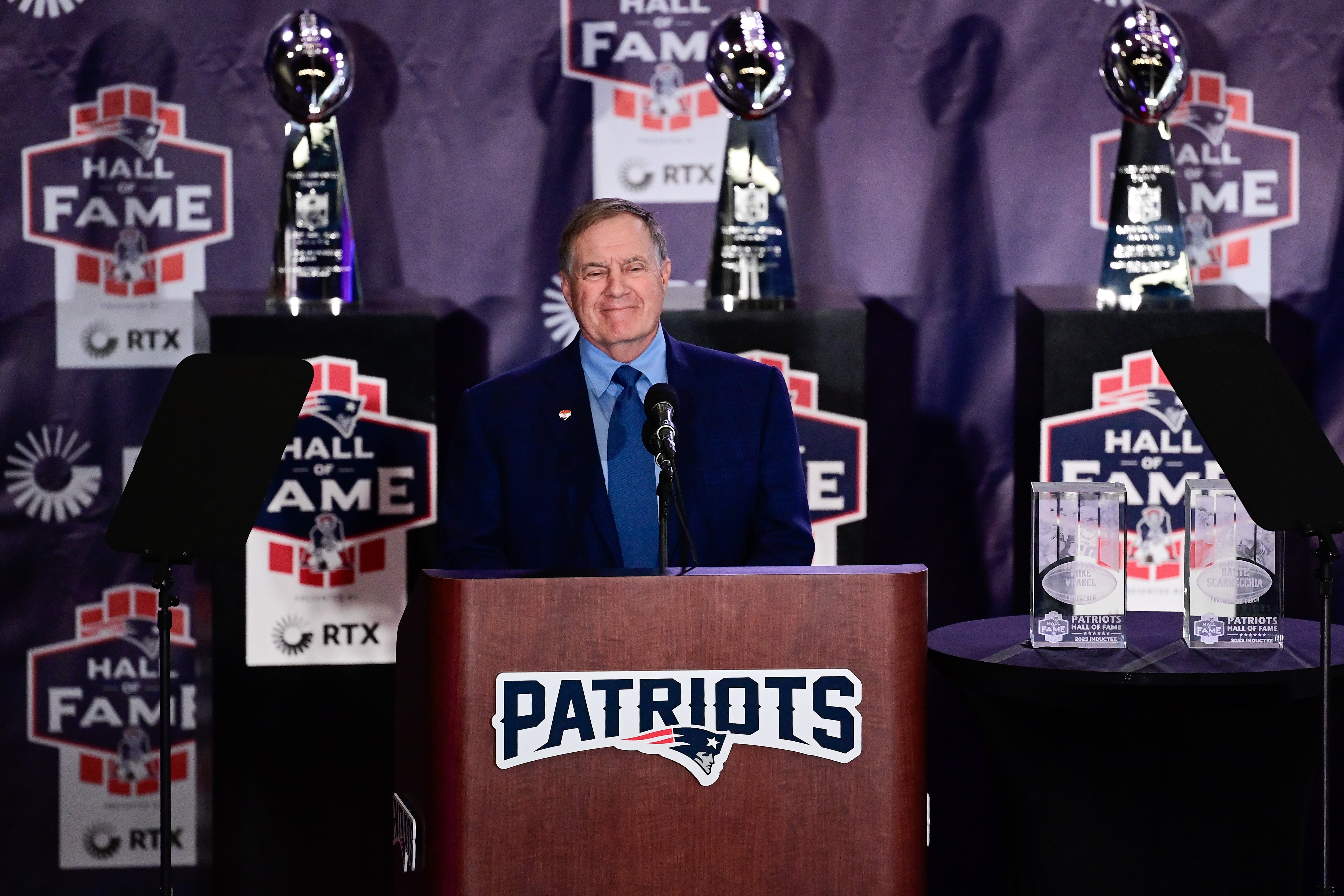 Bill Belichick speaks at the Patriots Hall of Fame induction of Dante Scarnecchia and Mike Vrabel