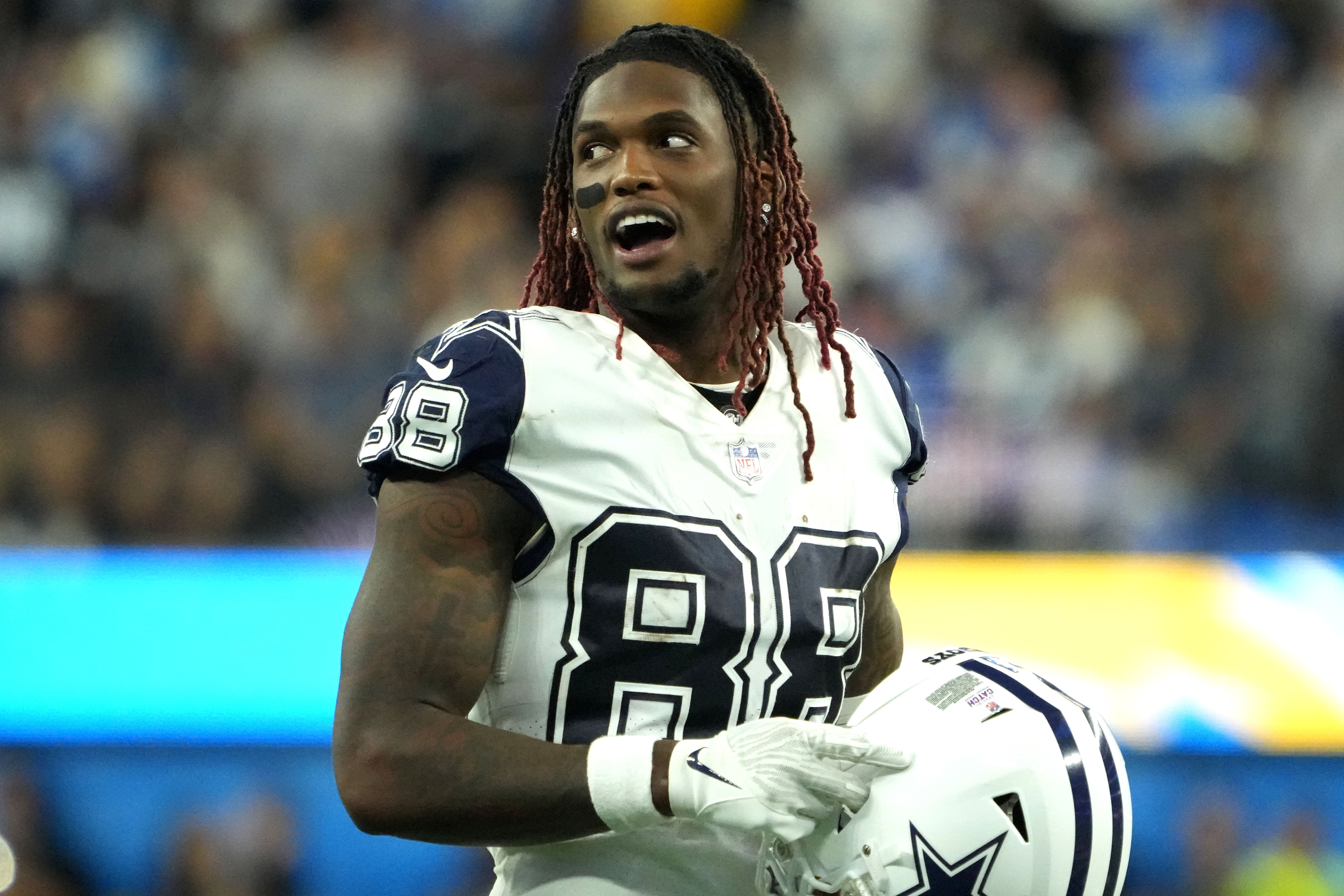 Dallas Cowboys wide receiver CeeDee Lamb (88) reacts in the second half against the Los Angeles Chargers at SoFi Stadium. Mandatory Credit: Kirby Lee-USA TODAY Sports