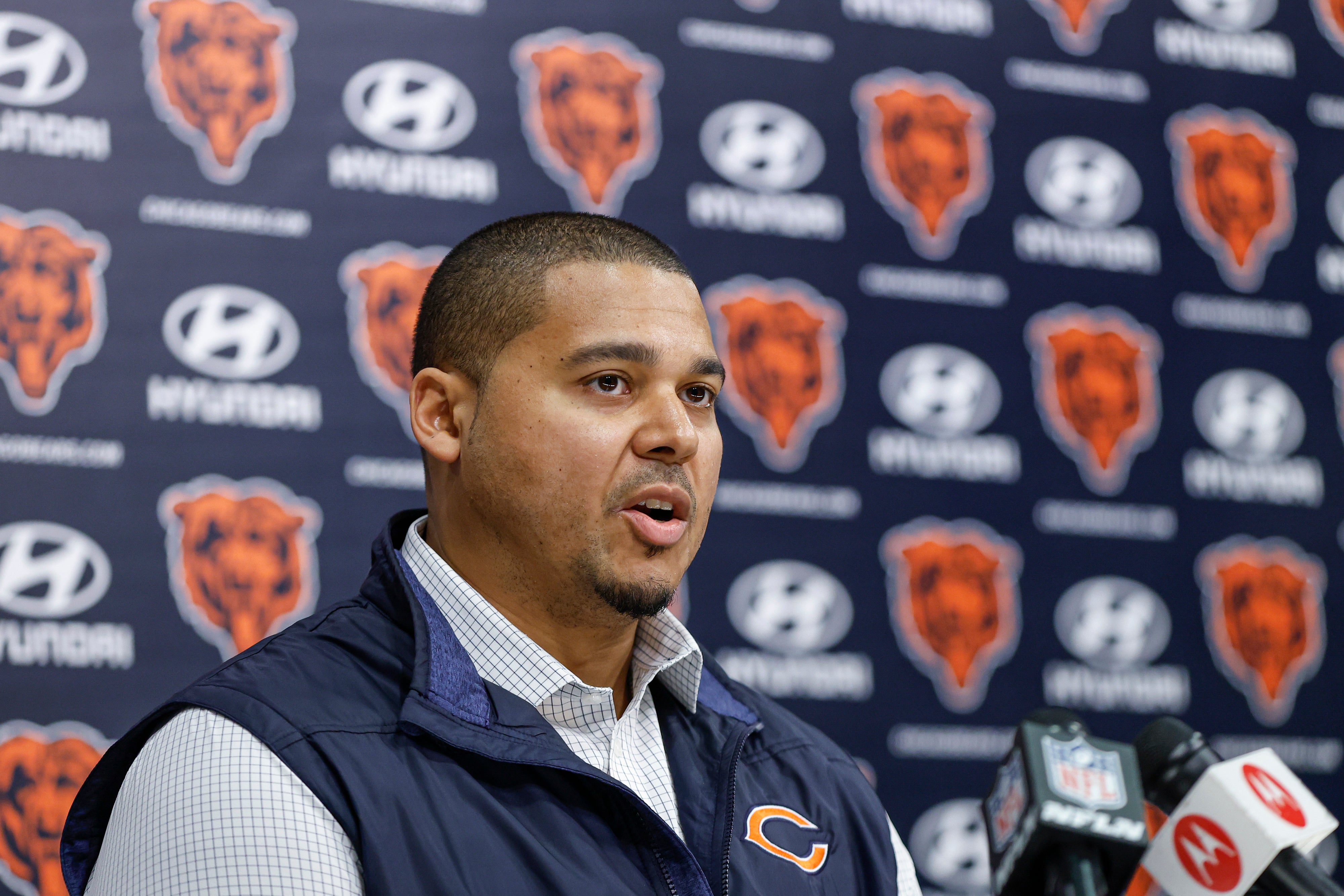 Mar 16, 2023; Lake Forest, IL, USA; Chicago Bears general manager Ryan Poles speaks during a press conference at Halas Hall. Mandatory Credit: