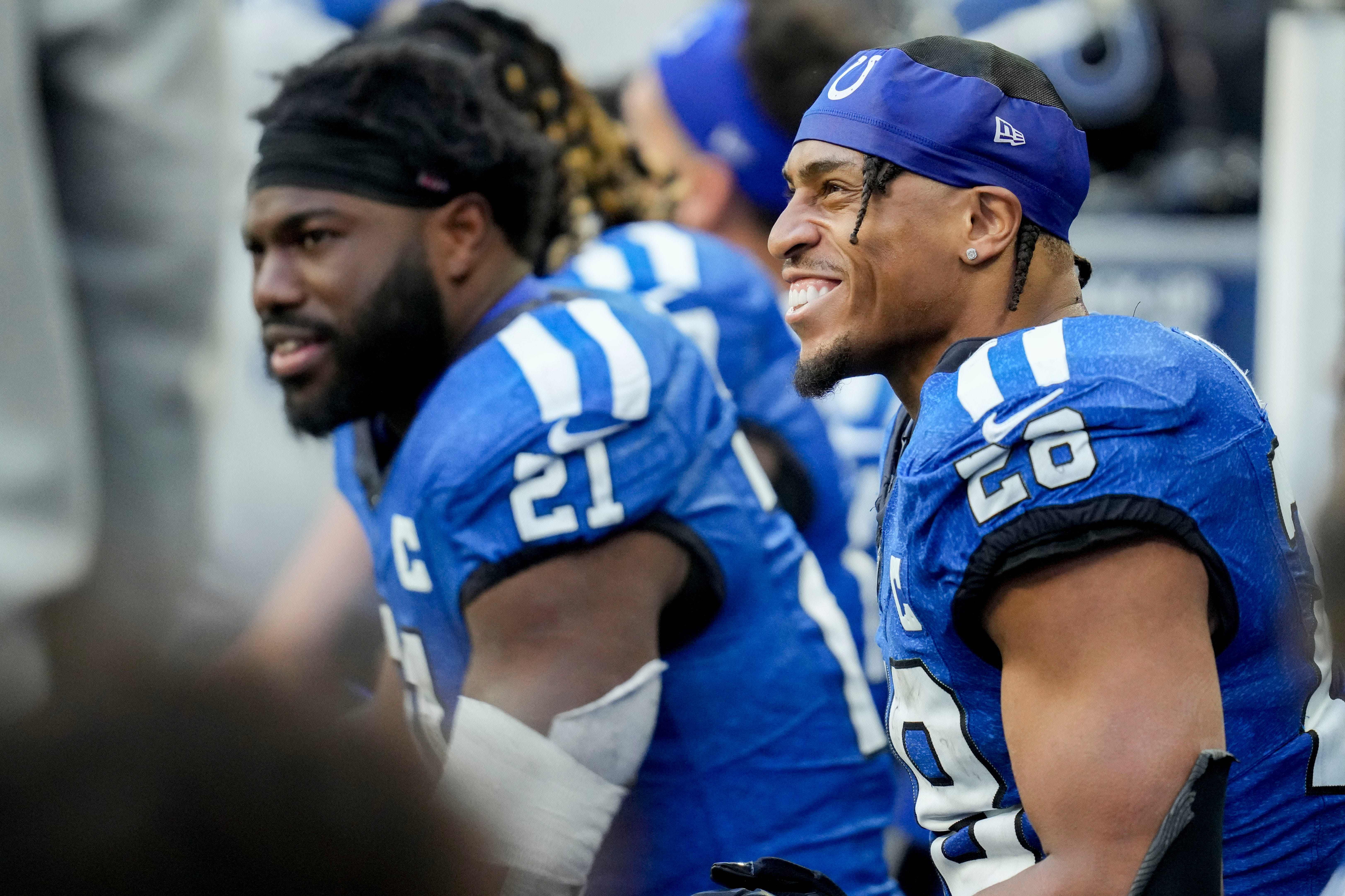 Indianapolis Colts running back Jonathan Taylor (28) smiles on the bench Sunday, Oct. 22, 2023, during a game against the Cleveland Browns at Lucas Oil Stadium in Indianapolis.