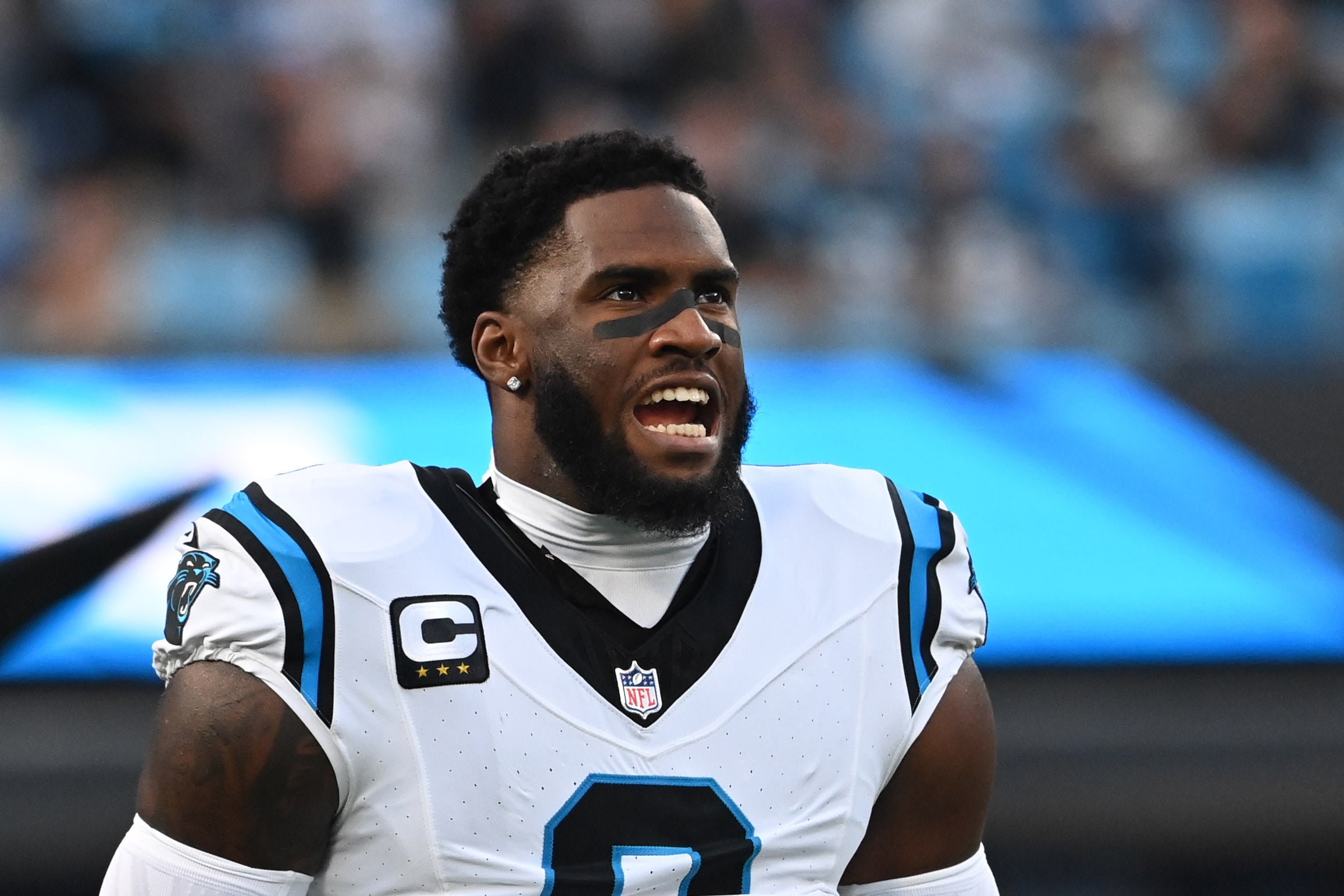 Sep 18, 2023; Charlotte, North Carolina, USA; Carolina Panthers linebacker Brian Burns (0) on the field before the game at Bank of America Stadium. Mandatory Credit: Bob Donnan-USA TODAY Sports