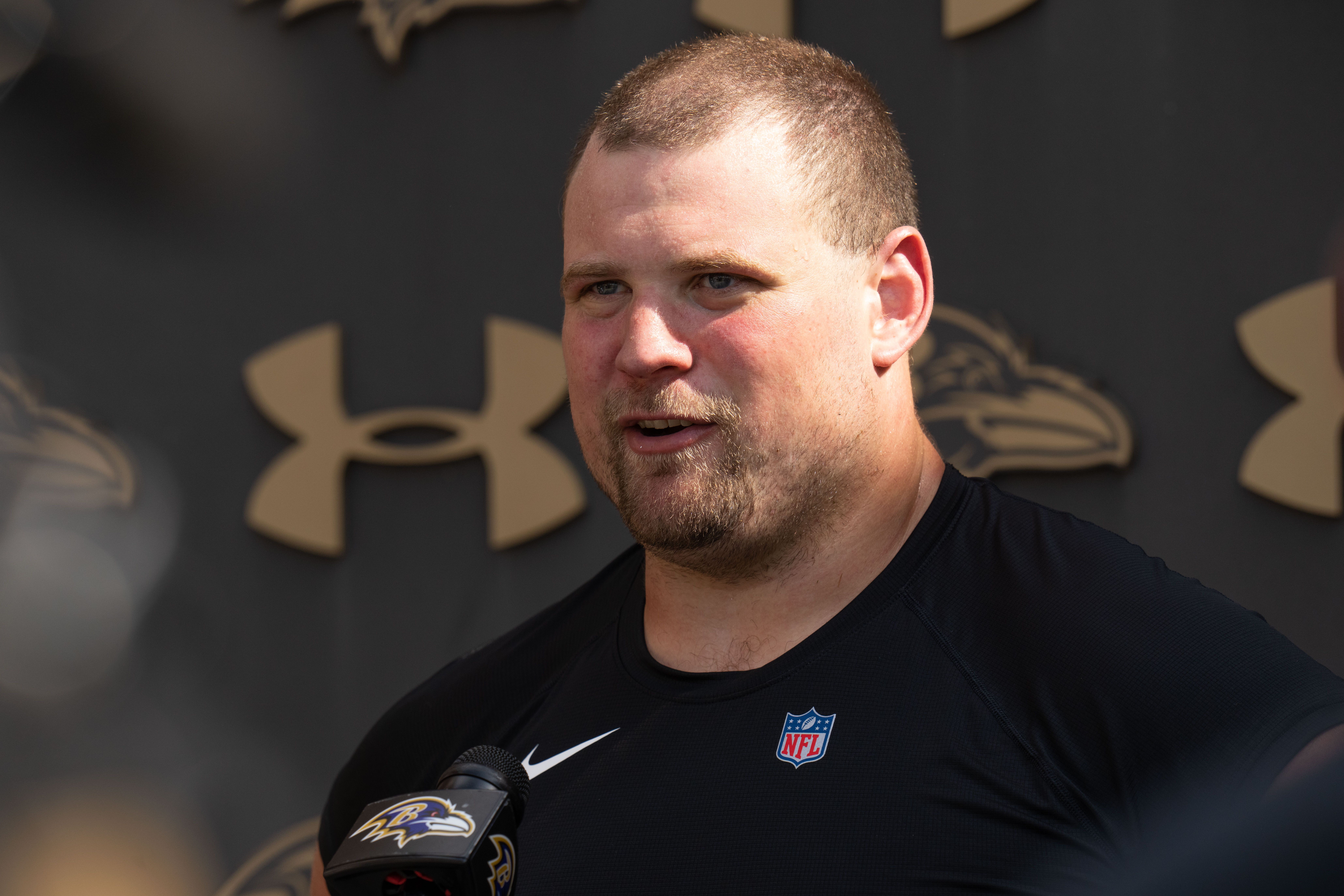 Baltimore Ravens offensive guard Kevin Zeitler (70) speaks with the media after day one of training camp at Under Armour Performance Center.