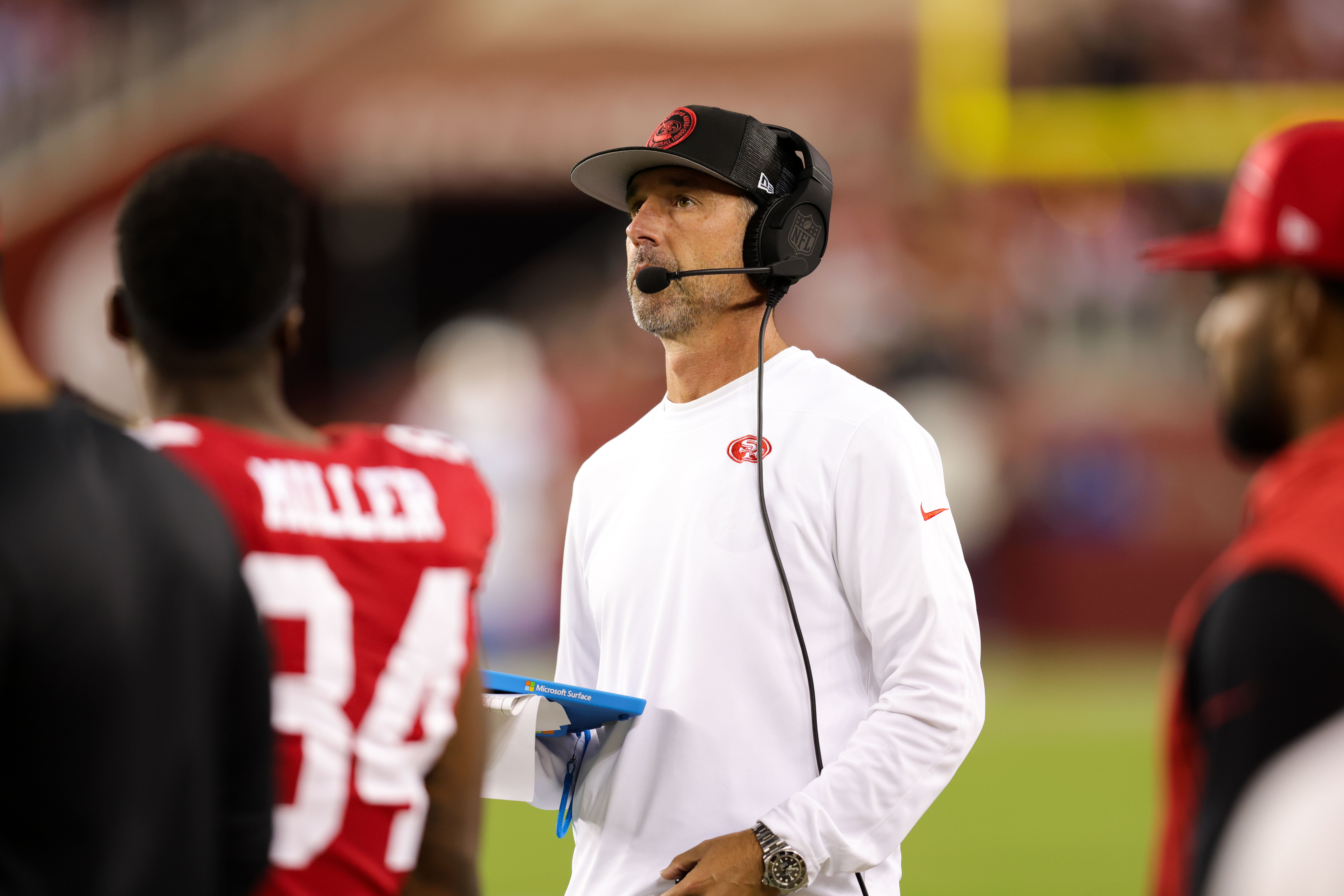 Aug 25, 2023; Santa Clara, California, USA; San Francisco 49ers head coach Kyle Shanahan looks on during the third quarter against the Los Angeles Chargers at Levi's Stadium.