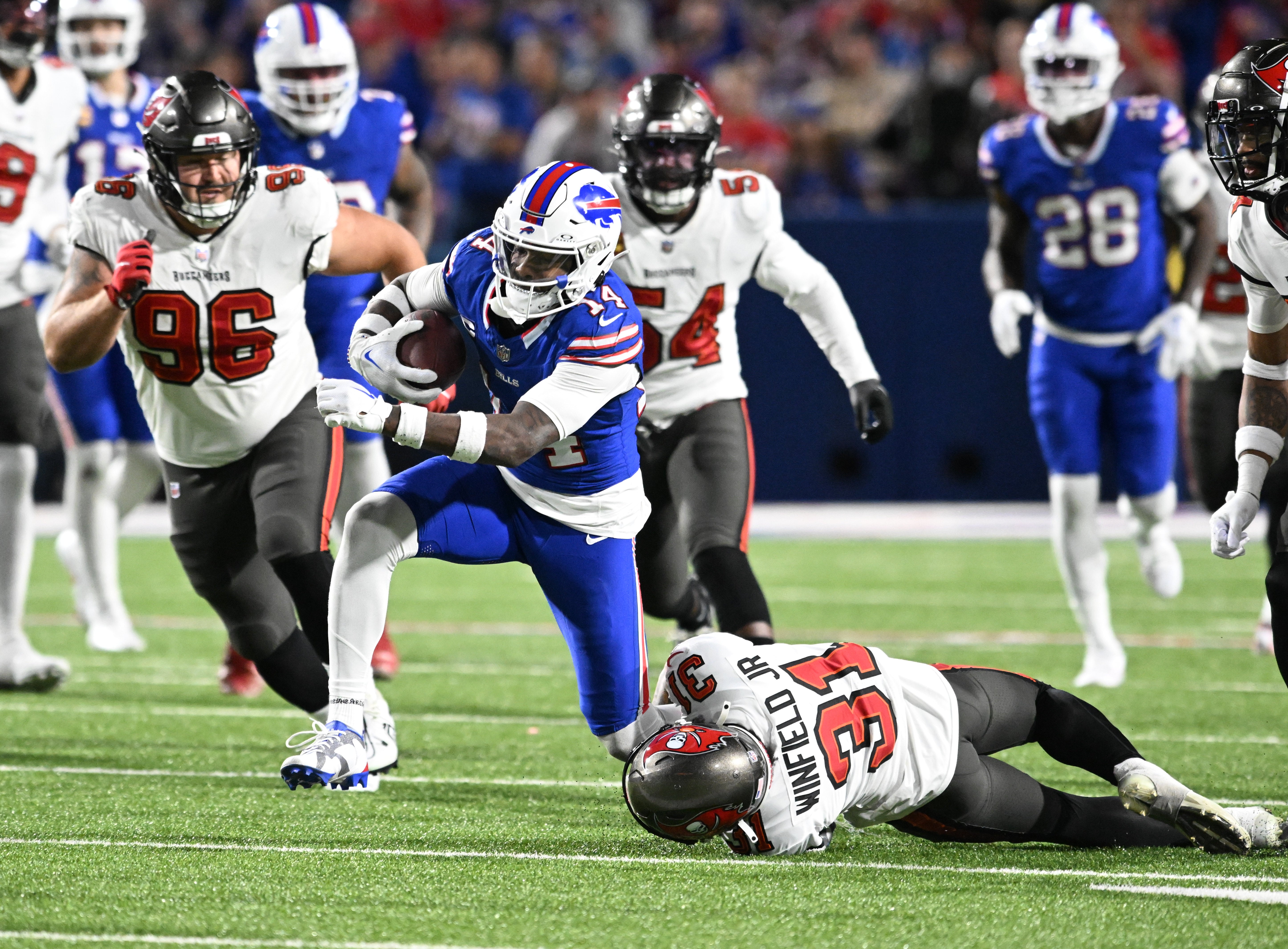 Buffalo Bills WR Stefon Diggs breaking a tackle in the victory over the Tampa Bay Buccaneers on 'Thursday Night Football'