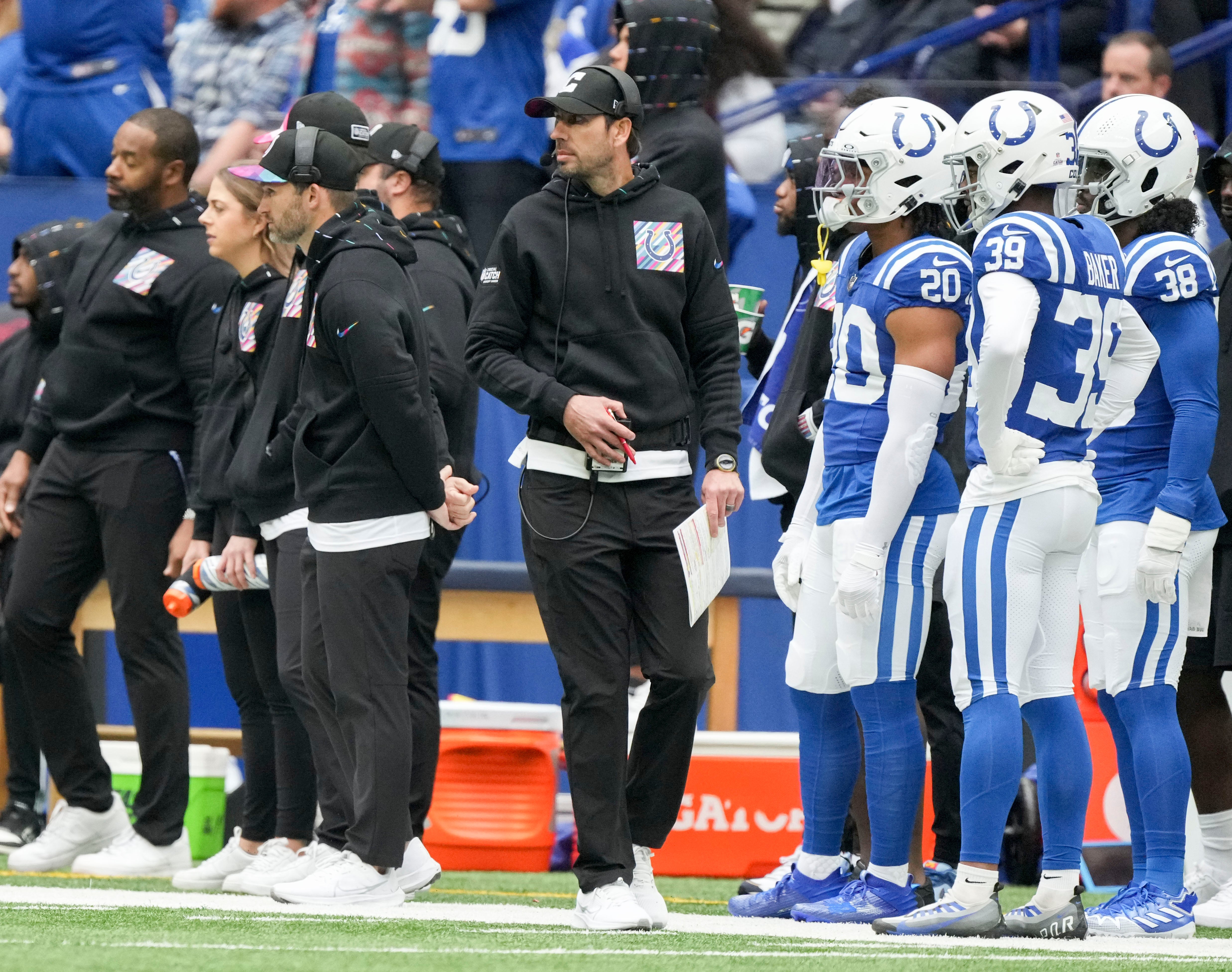 Oct 8, 2023; Indianapolis, Indiana, USA; Indianapolis Colts head coach Shane Steichen walks the sideline during a game against the Tennessee Titans at Lucas Oil Stadium at Lucas Oil Stadium.