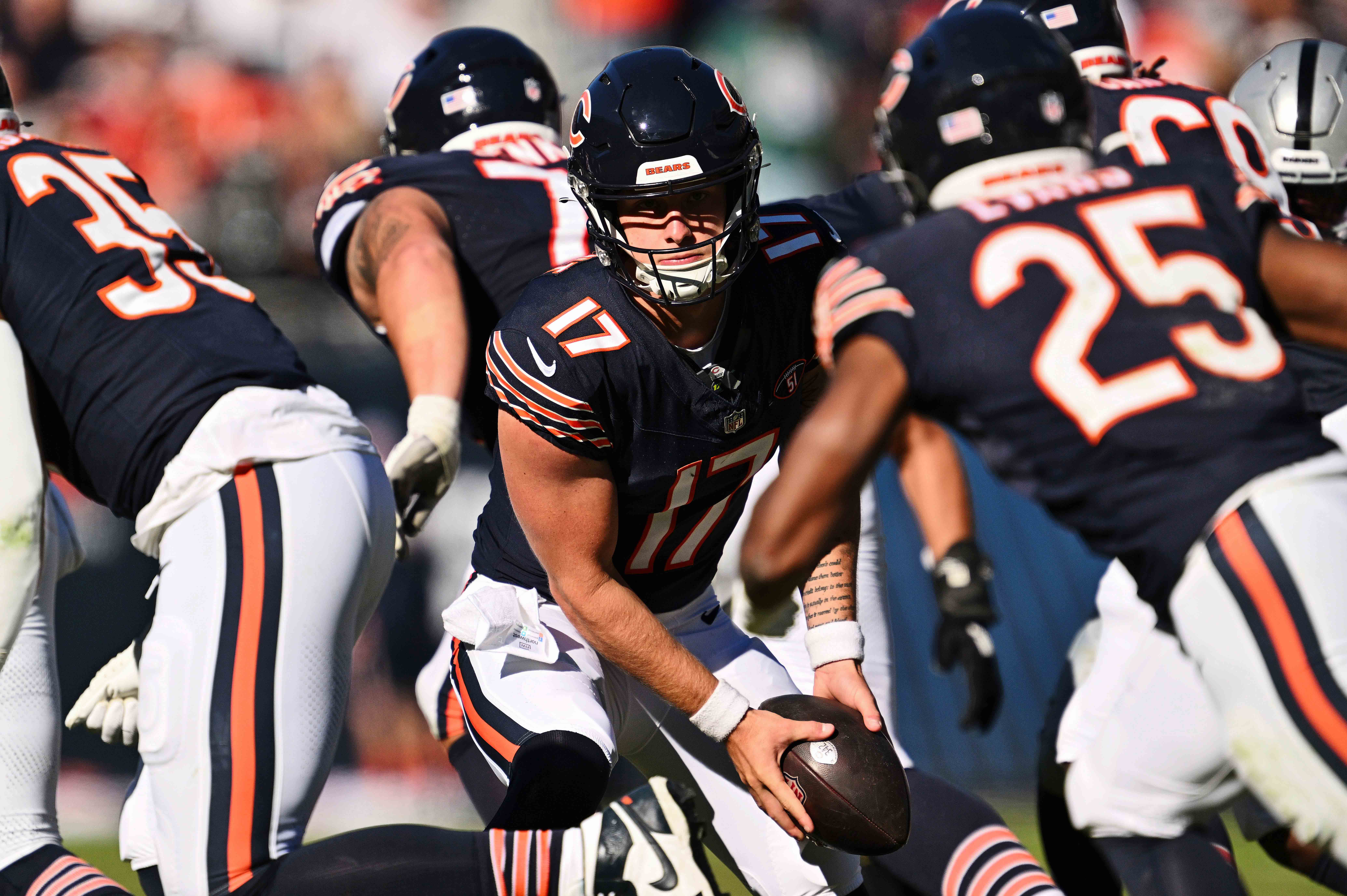 Oct 22, 2023; Chicago, Illinois, USA; Chicago Bears quarterback Tyson Bagent (17) during a game against the Las Vegas Raiders at Soldier Field.