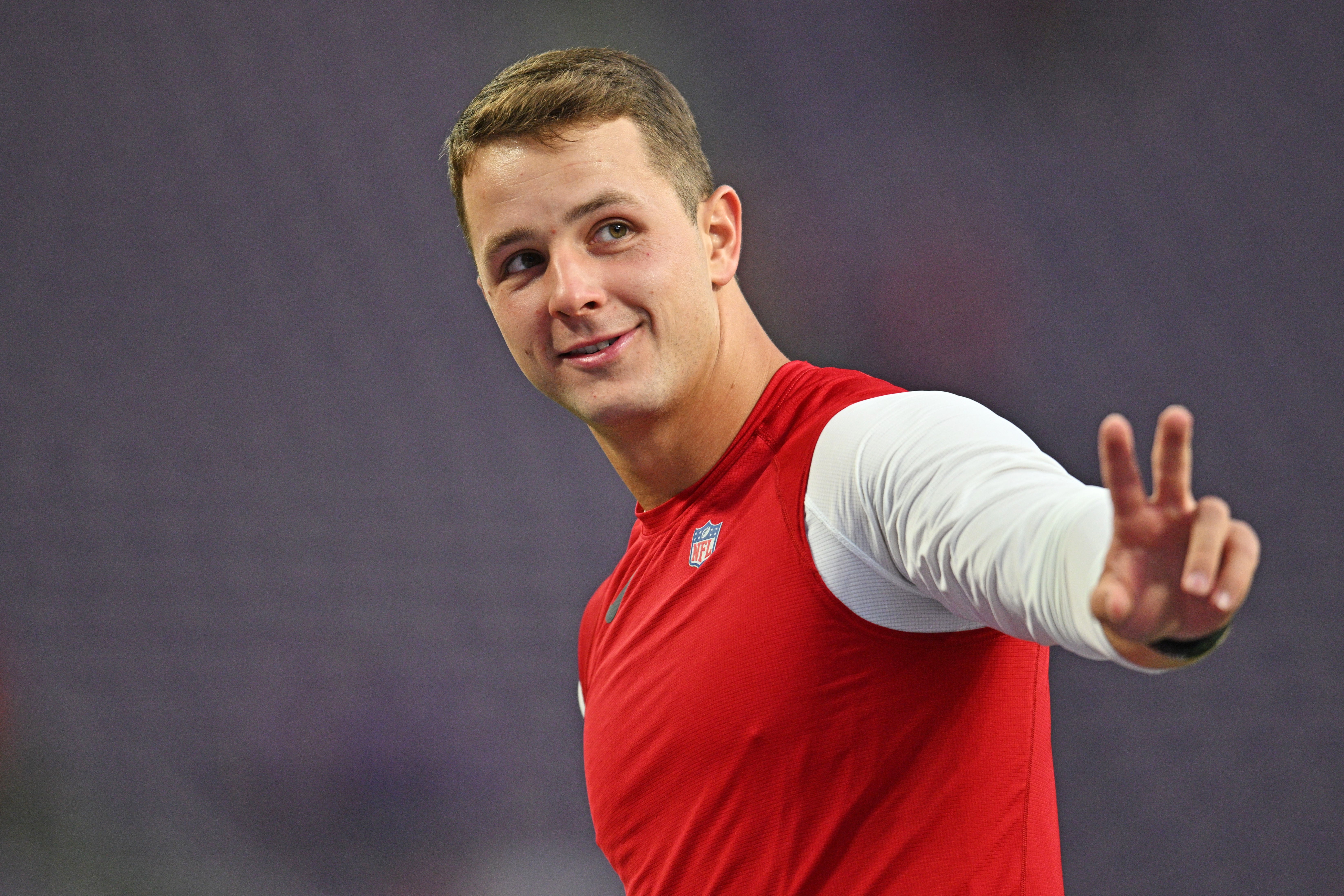 Oct 23, 2023; Minneapolis, Minnesota, USA; San Francisco 49ers quarterback Brock Purdy (13) looks on before the game against the Minnesota Vikings at U.S. Bank Stadium.