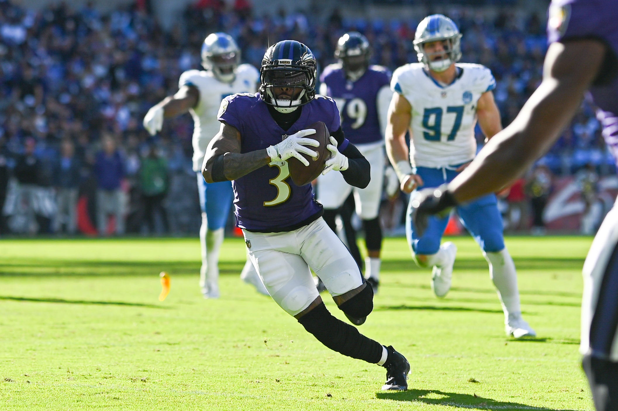Baltimore Ravens wide receiver Odell Beckham Jr. (3) runs after the catch during the second half against the Detroit Lions at M&T Bank Stadium.