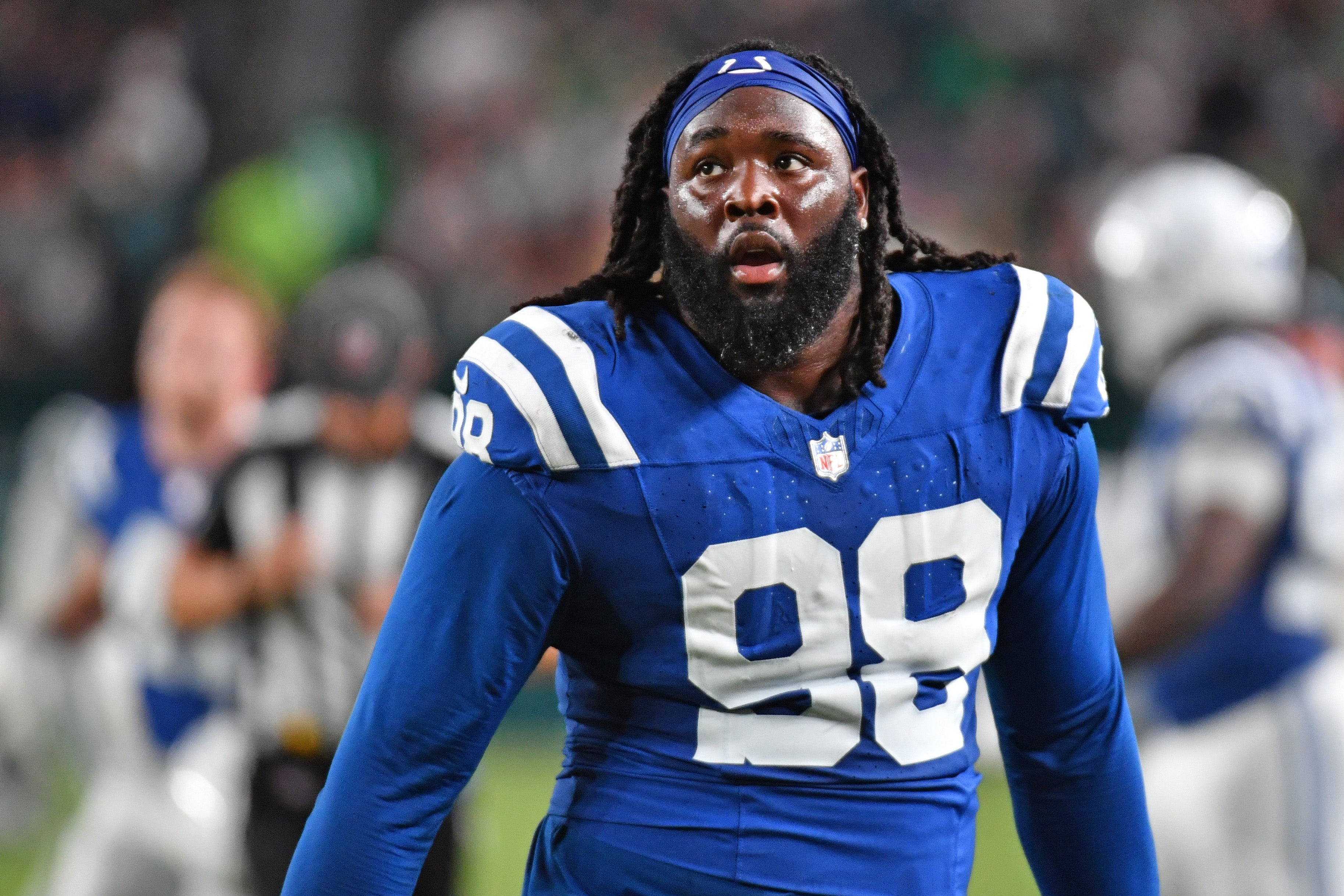Aug 24, 2023; Philadelphia, Pennsylvania, USA; Indianapolis Colts defensive tackle McTelvin Agim (98) against the Philadelphia Eagles at Lincoln Financial Field.